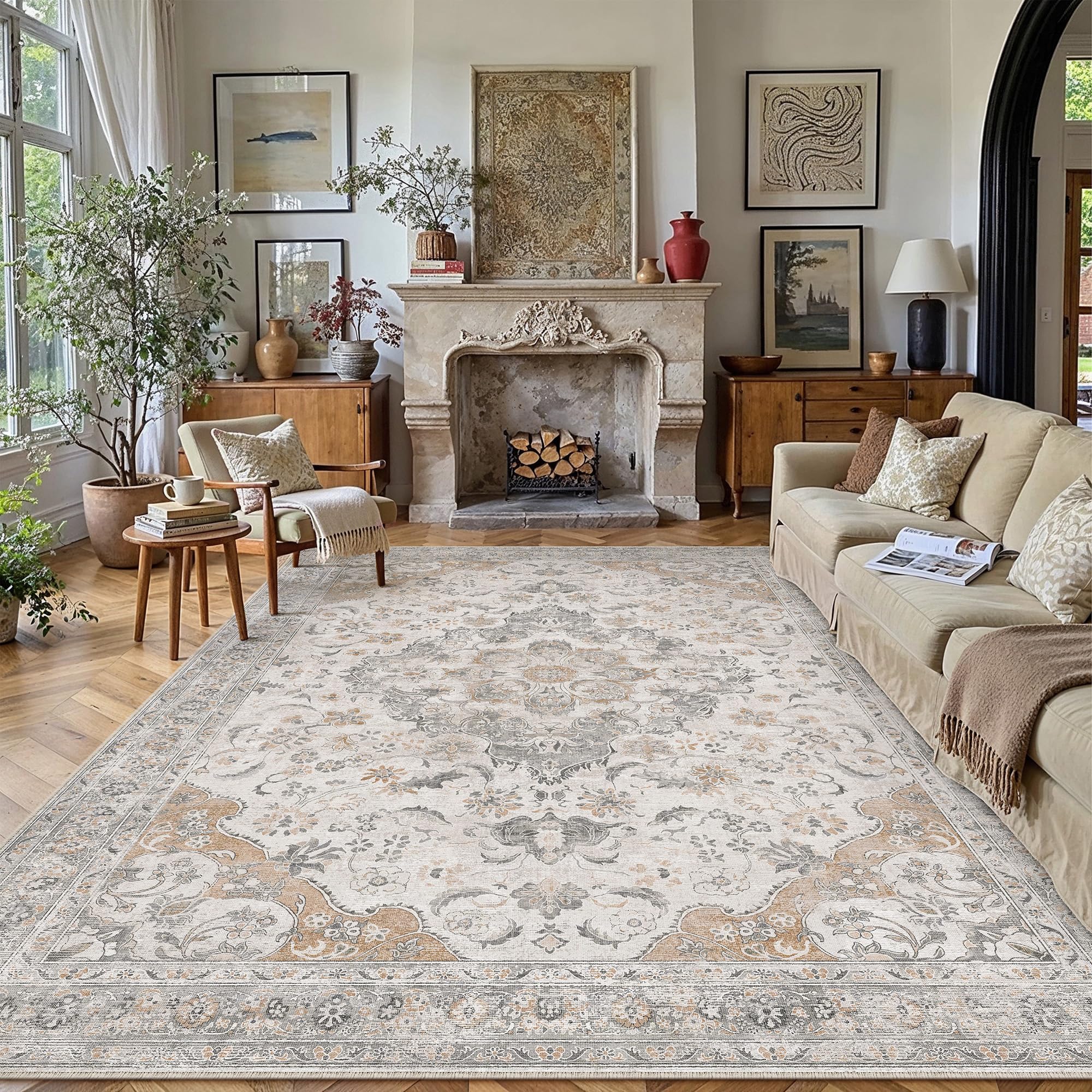 PureCozy Large Washable Rugs for Living Room 200x300cm, Extra Large Area Beige Rug, Vintage Boho Low Pile XXL Lightweigh