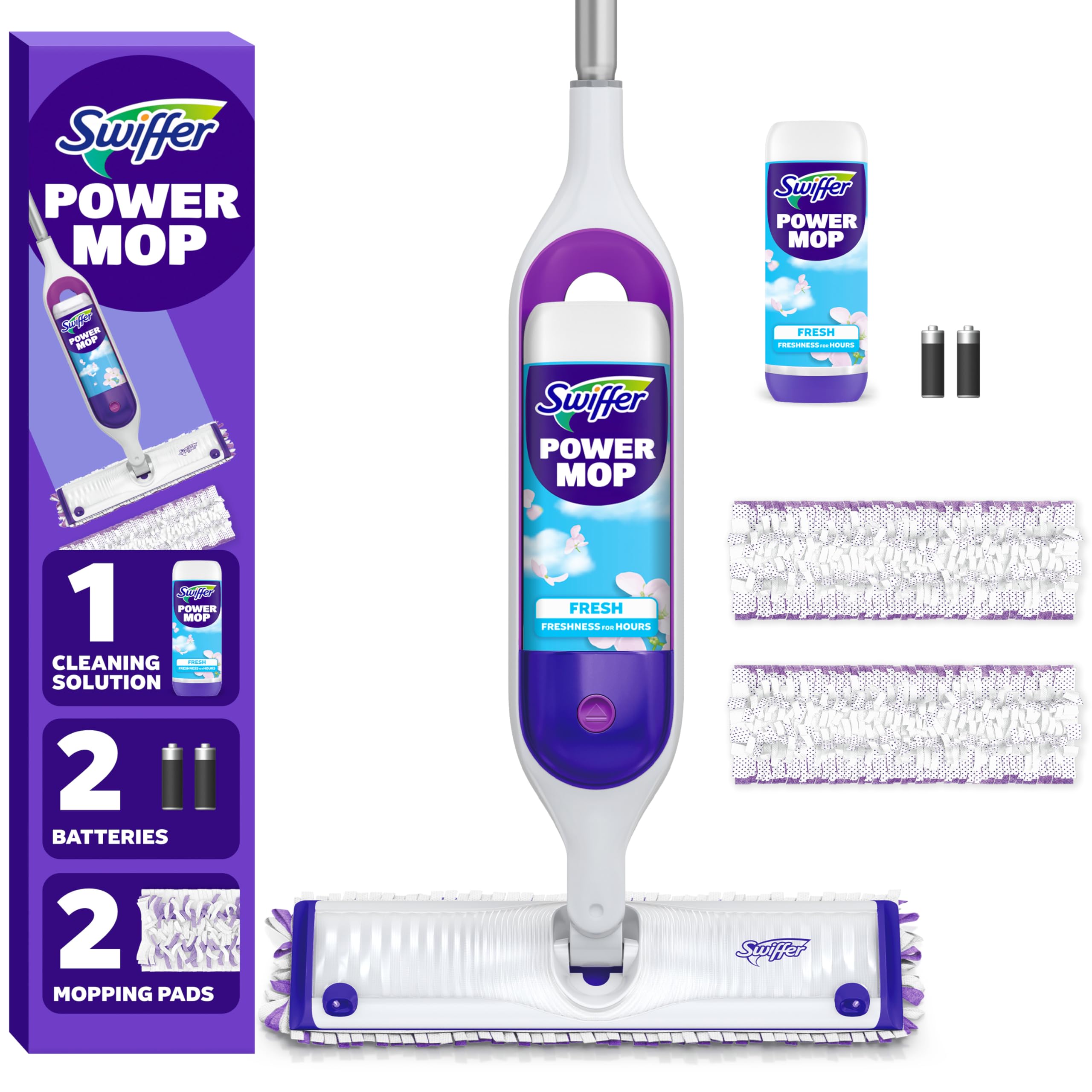 Swiffer PowerMop Mopping Kit for Floor Cleaning, Set Includes 1 Power Mop, 2 Replacement Pads, 1 Liquid Solution Refill,