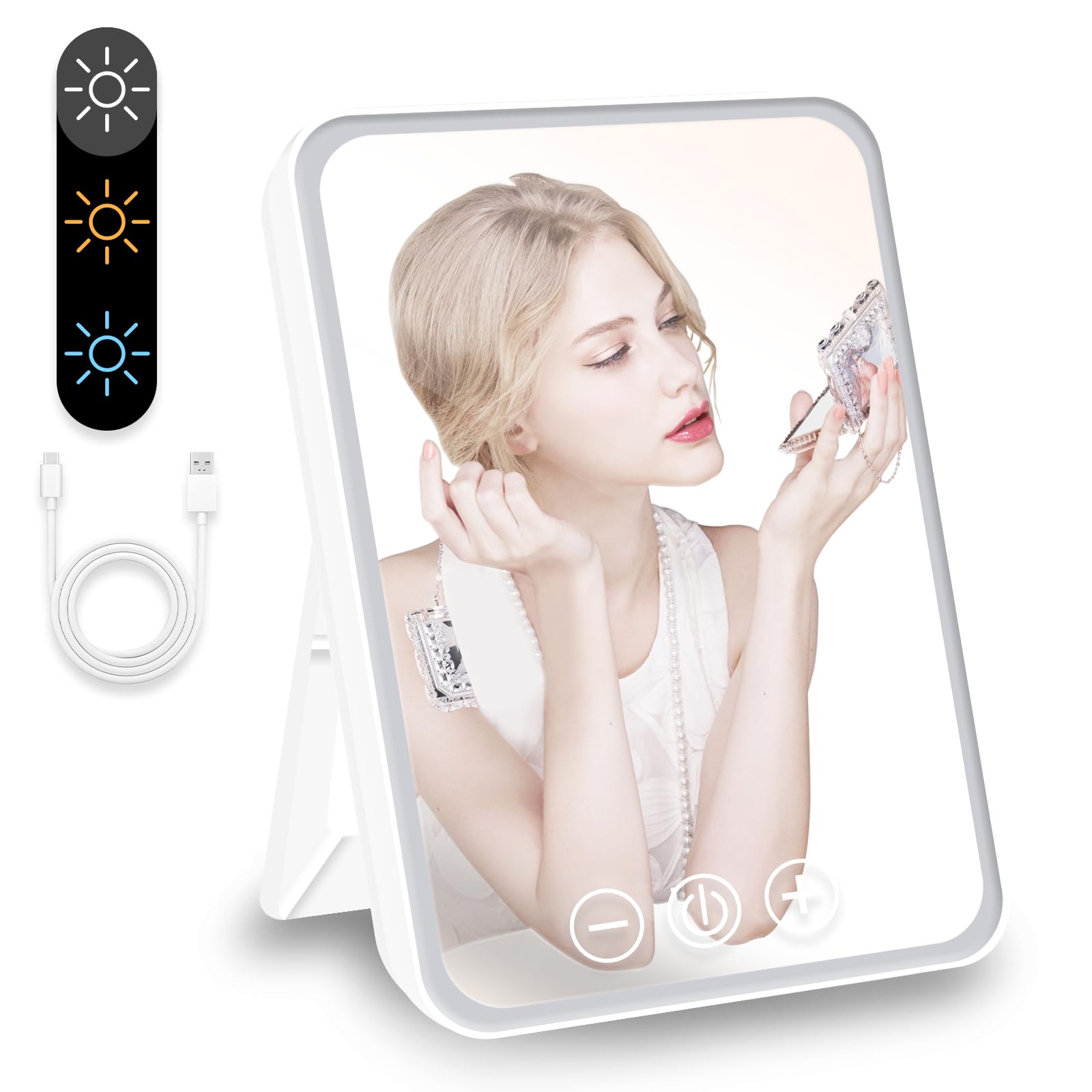 Vanity Mirror with Lights, Folding Tabletop Mirror Rechargeable Light Up Makeup Mirror Portable Travel Mirrors with 3 Co