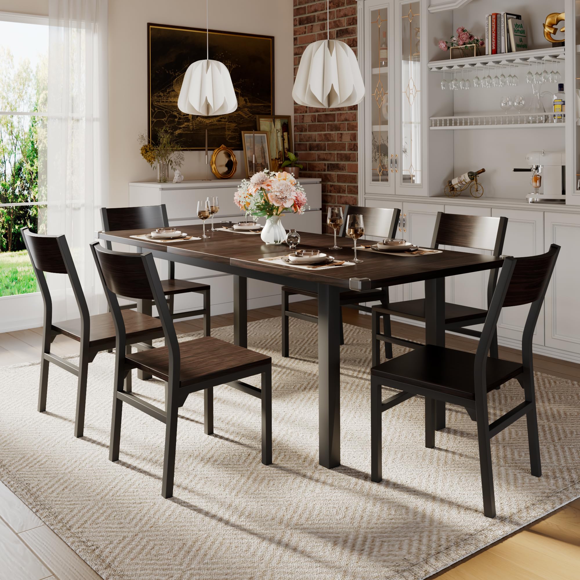iPormis 7 Pieces Dining Table & Chairs Set for 4-6, 63" Extendable Kitchen Table and 6 Chairs, Dinin