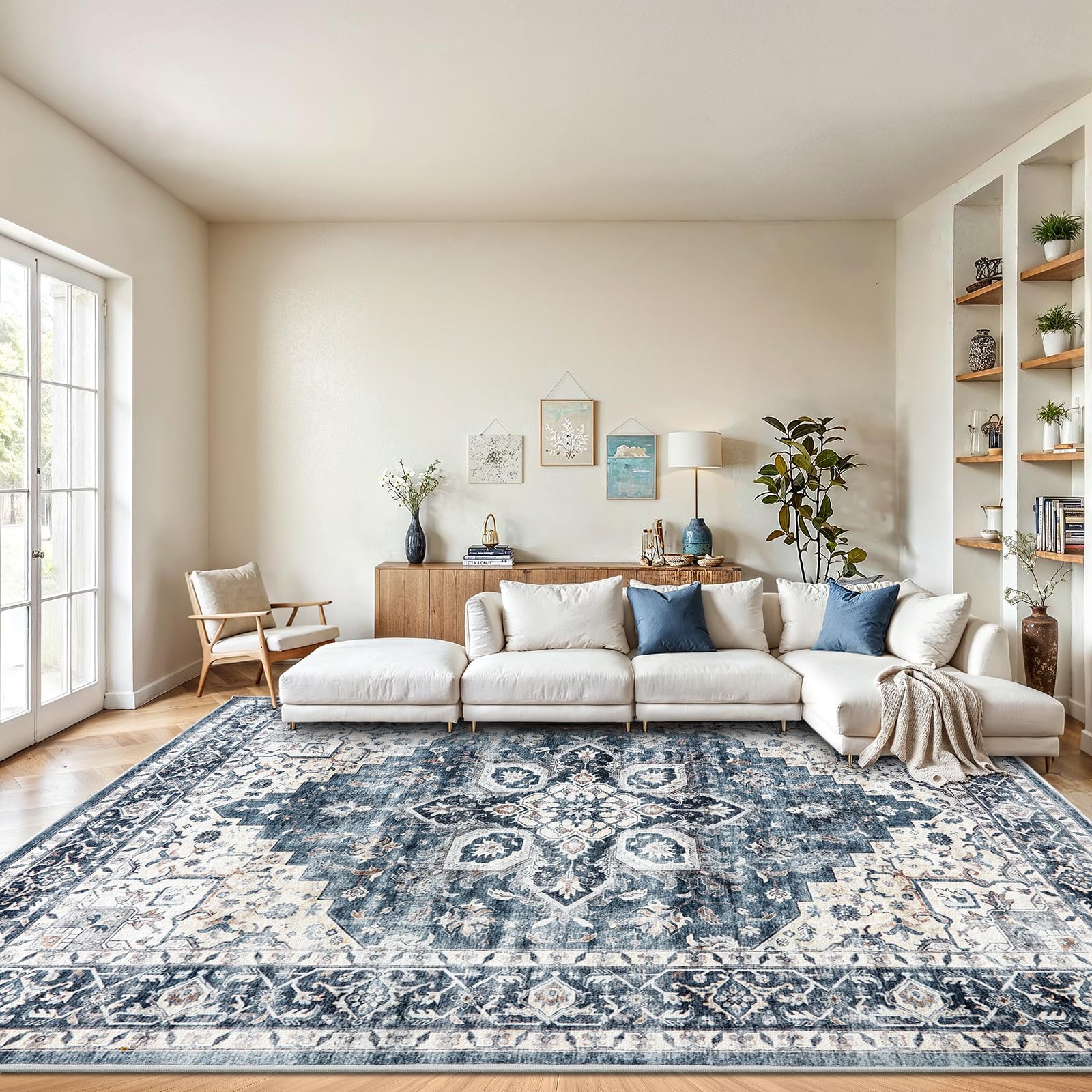AMADA HOMEFURNISHING 8x10 Washable Area Rug, Low-Profile with Non-Slip Backing & Durable Edge Bindin