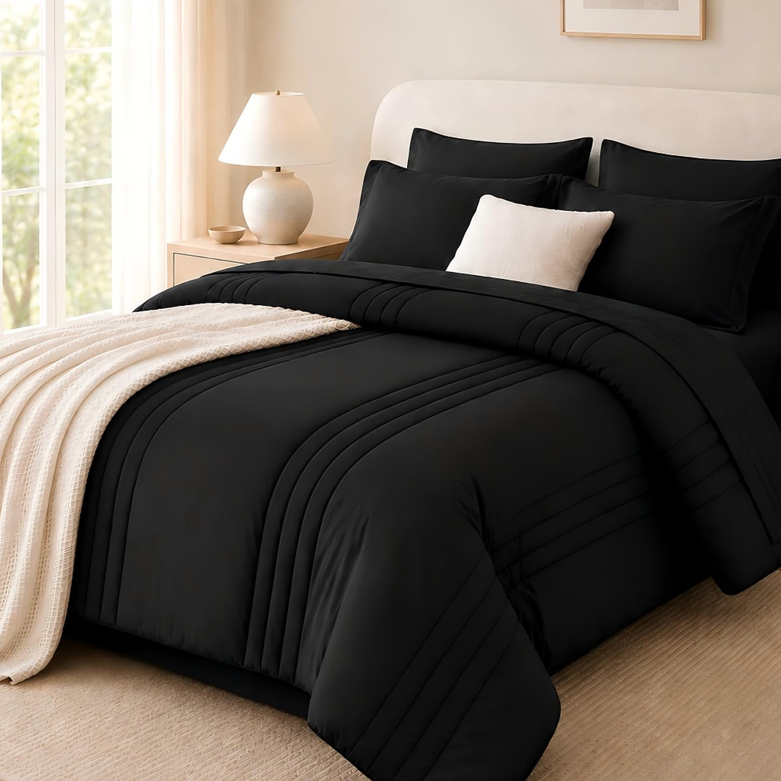 Queen Comforter Set Black, 7 Pieces Bed in a Bag Queen Size, Lightweight Microfiber Bedding Set with Comforter, Flat She