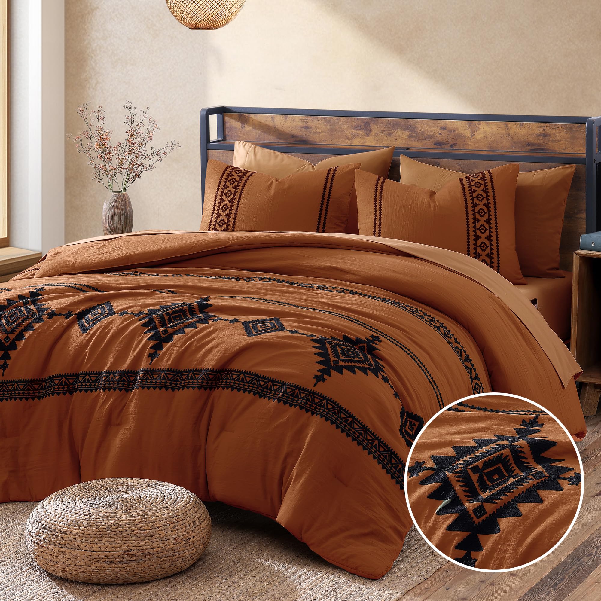 MaiRêve Embroidery Comforter Set, Boho Farmhouse Western Bedding Set, All Season Bed in A Bag Comforter Set with Sheets,