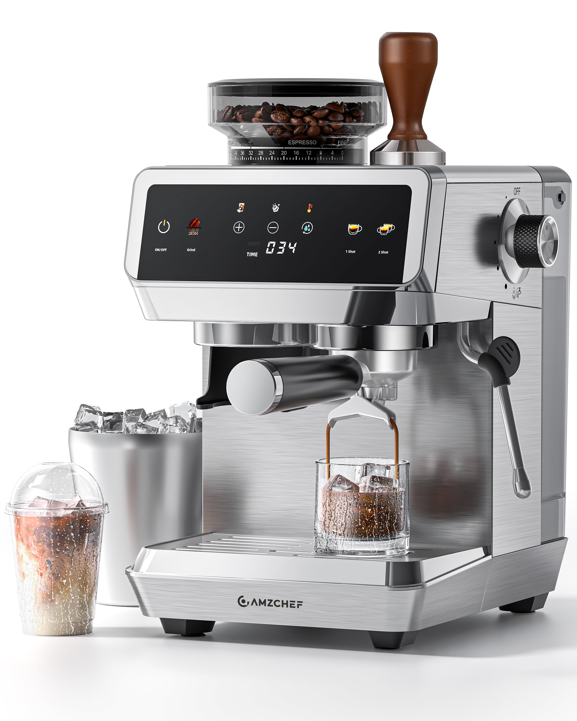AMZCHEF Espresso Machine With Grinder, 190℉-201℉ Temp Control Coffee machine with 44 Grind Setting, Milk Frother, Touch