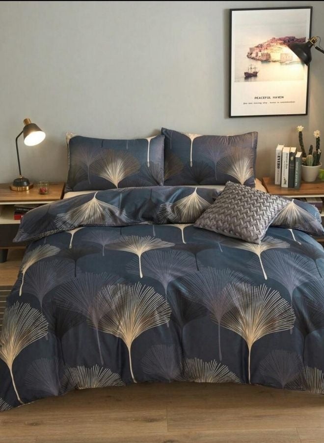 LUNA Home King size bedding Set without filler, Elegant Leaves Design, dark blue and beige/gold pattern.