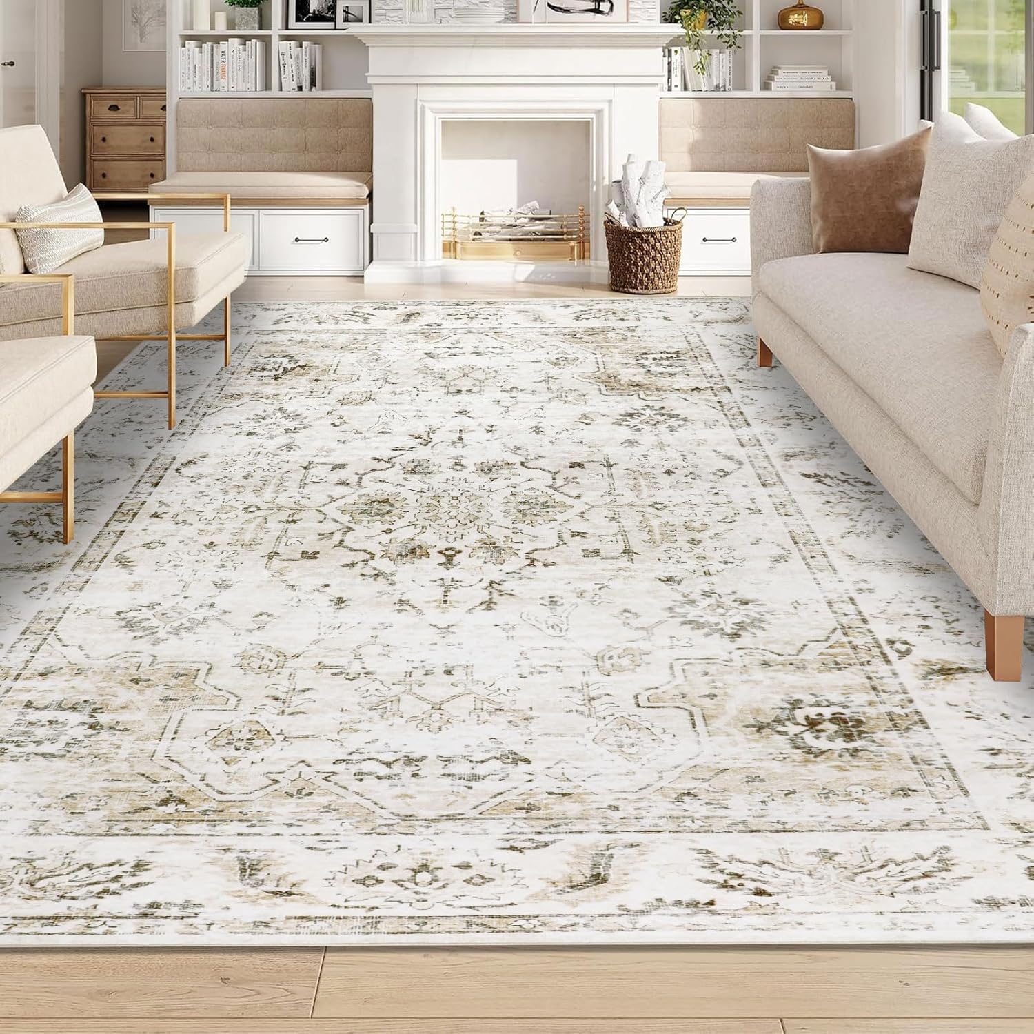 Homcomodar Beige Rugs Living Room 160x230cm Distressed Washable Rugs for Bedroom Boho Thin Floor Car