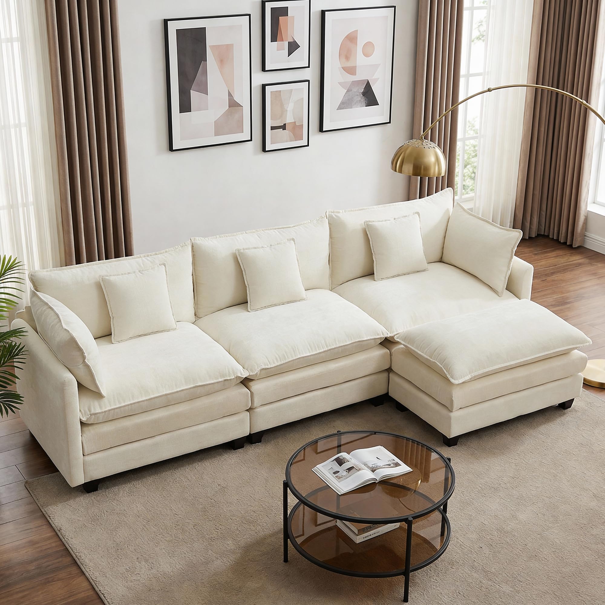 113” Modular Sectional Sofa, L Shaped Cloud Couch with Movable Ottoman, Comfy Chenille Deep Seat Sof