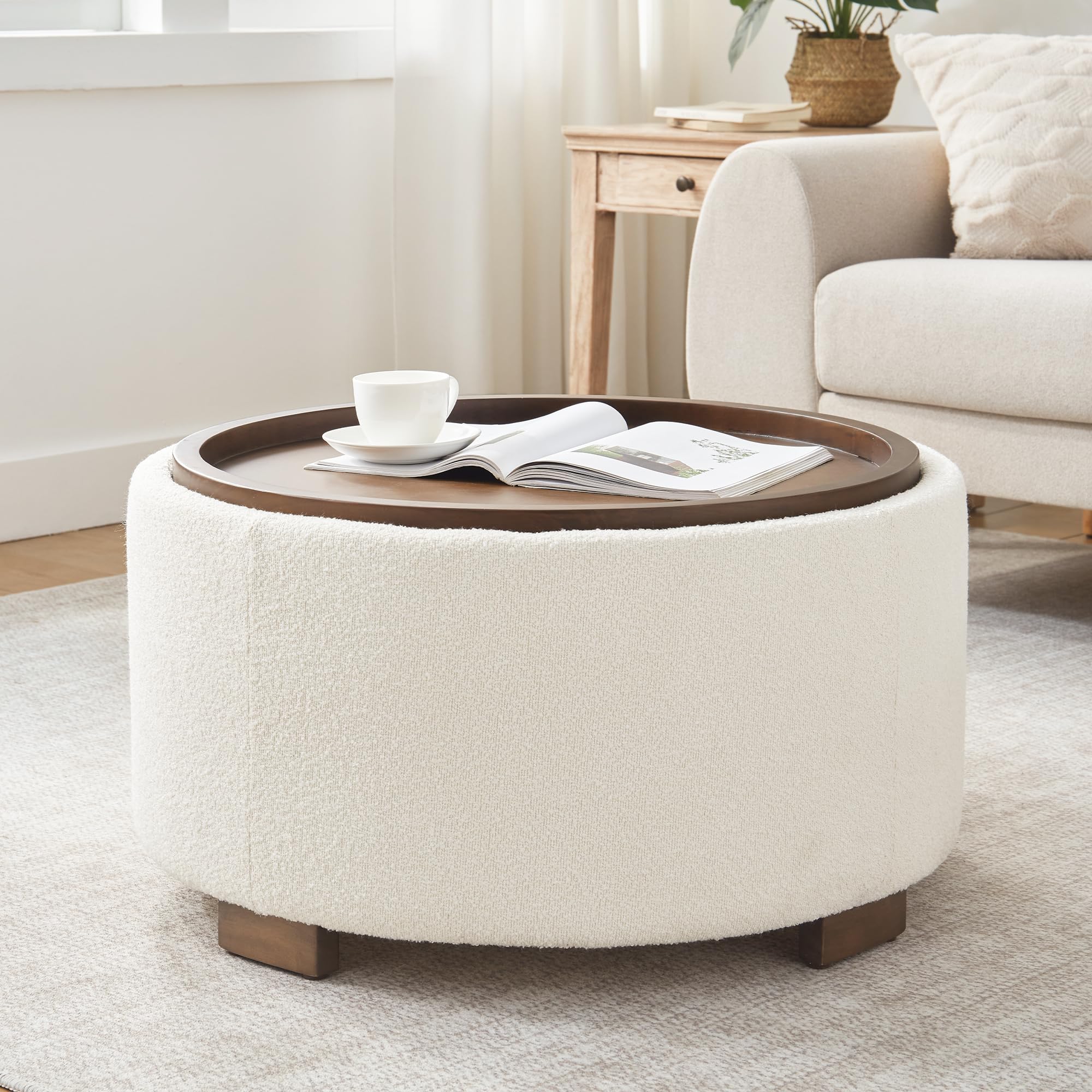Zihanhome 30 Inch Round Storage Ottoman Coffee Table, Modern Boucle Ottoman with Lift-Off Lid and Solid Wood Legs for Li