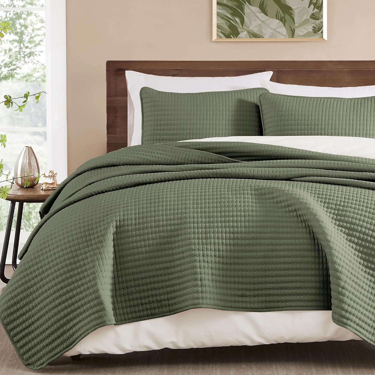 WRENSONGE Queen Quilt-3 Pieces Lightweight Bedspreads Olive Green Queen Size Quilt Bedding Set for All Seasons, Soft Sum