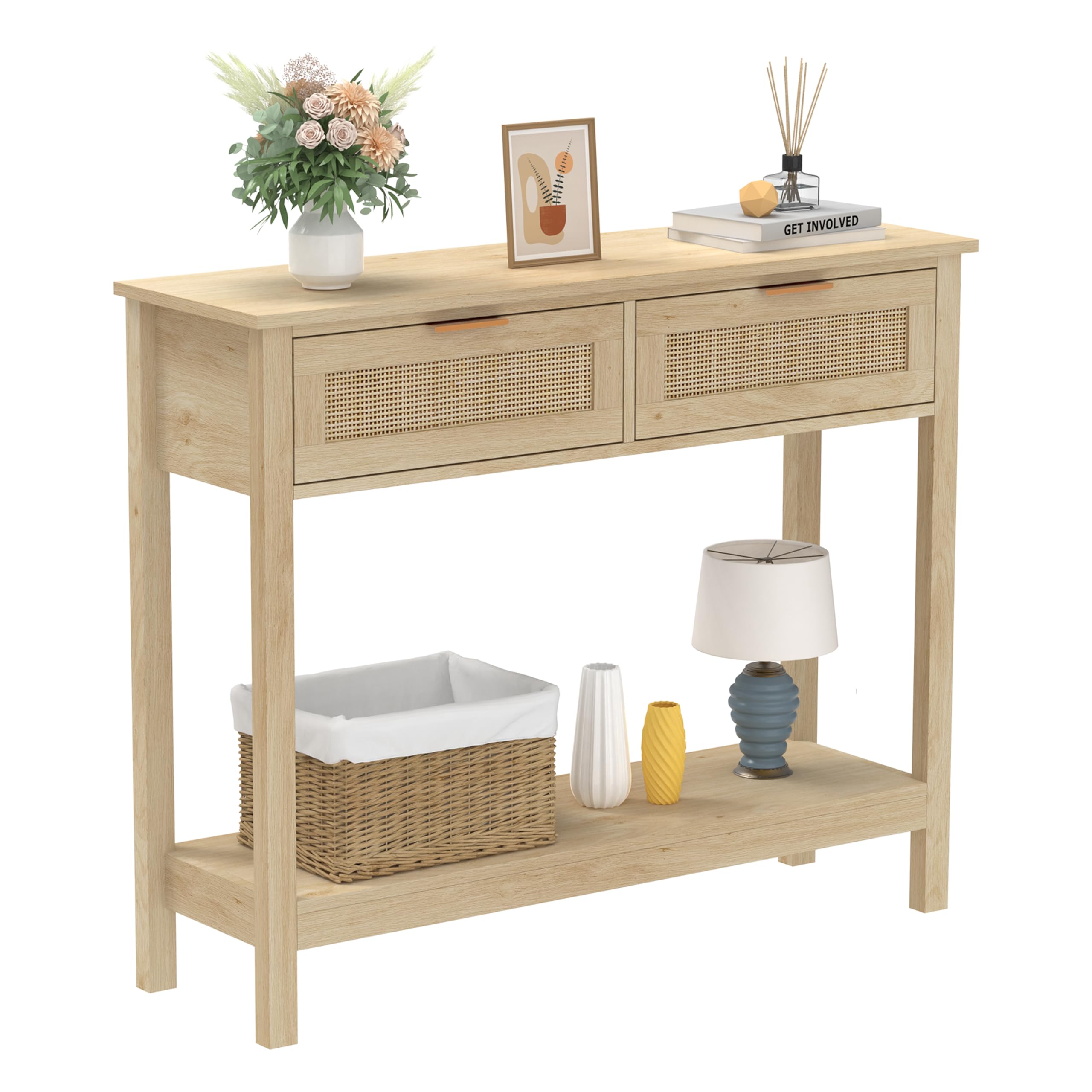 Trironsun Boho Rattan Console Table with 2 Drawers 2 Tier Entryway Table Farmhouse Wood Sofa Tables with Open Storage Sh