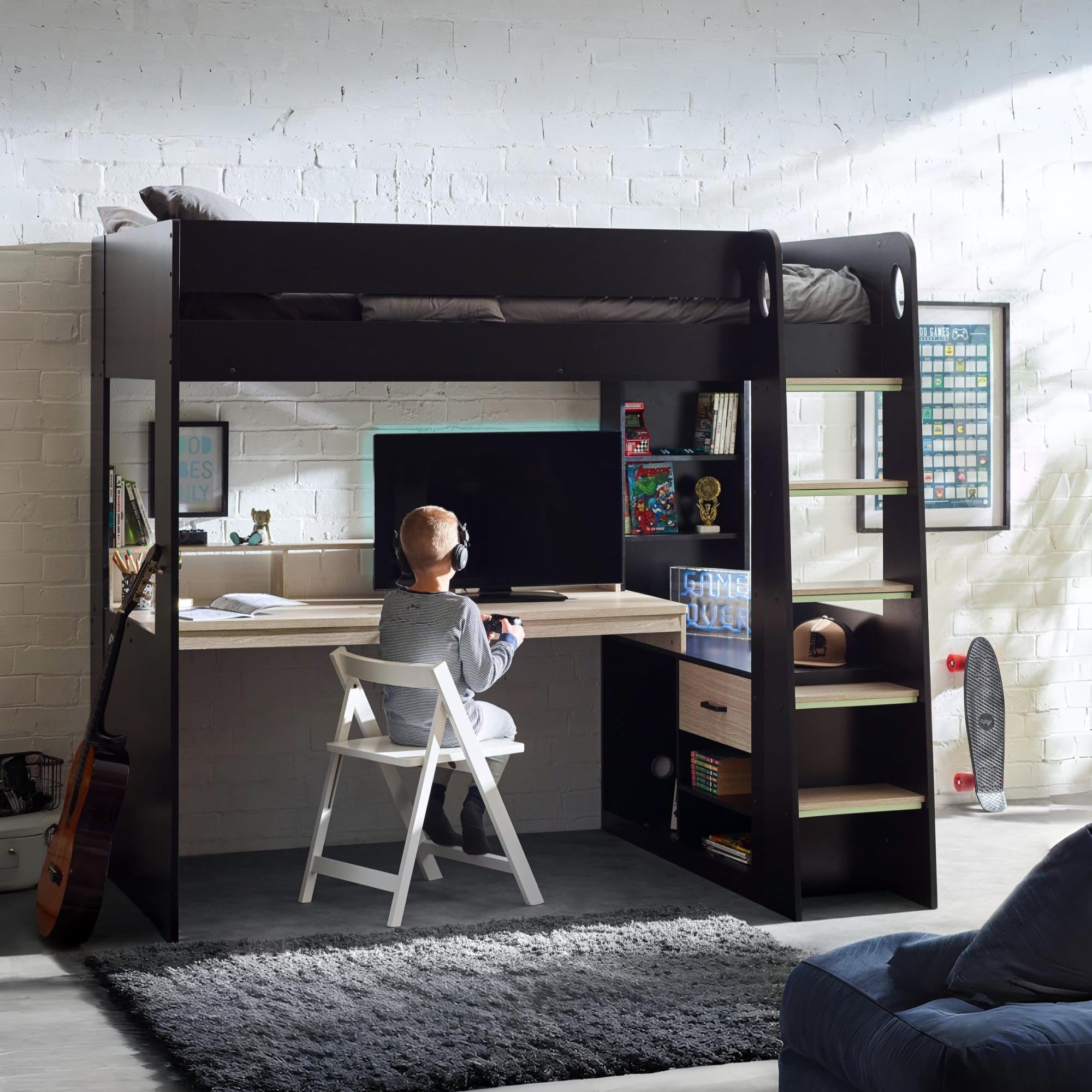 Julian Bowen Blaze Gaming Highsleeper Bed-Black and Pale Wood, Engineered, Single