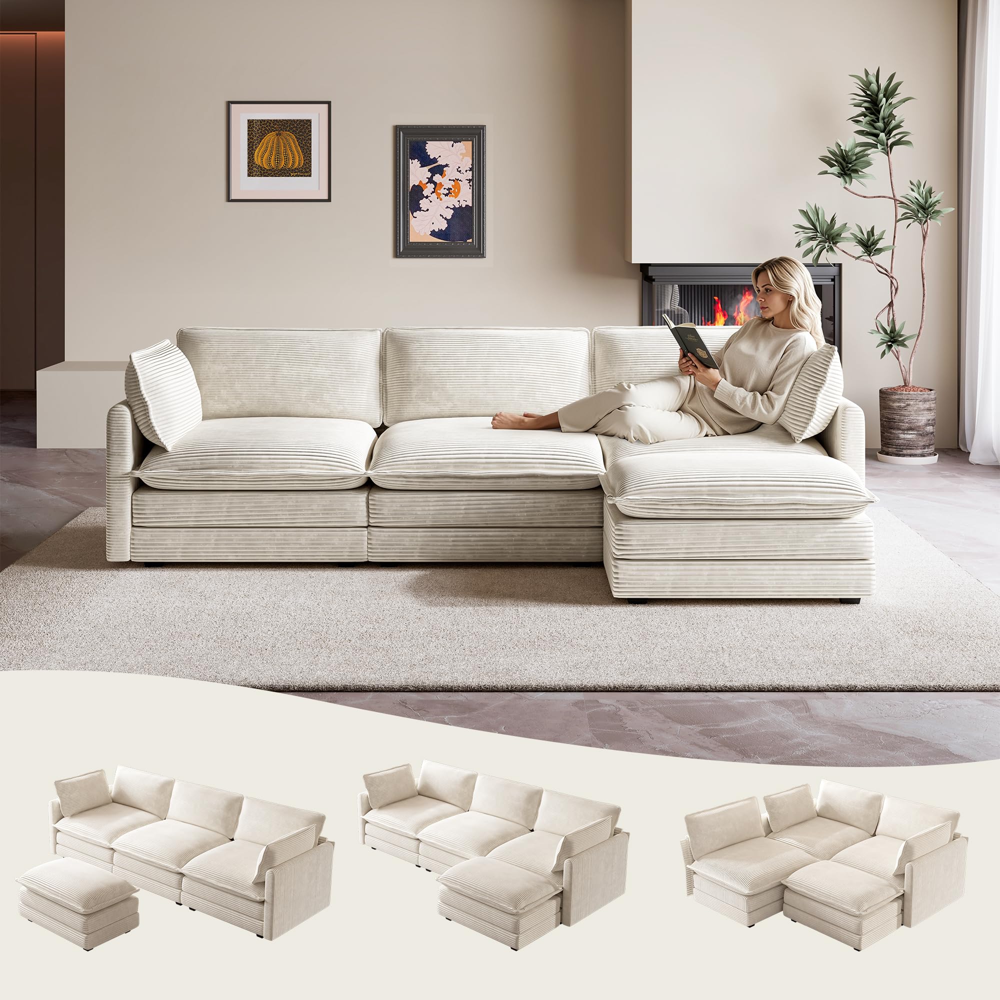 ROWHY 104'' Modular Sectional Cloud Couch with Movable Ottoman, 4 Seat Modern Corduroy Sofa, Deep Seat L Shaped Couch fo
