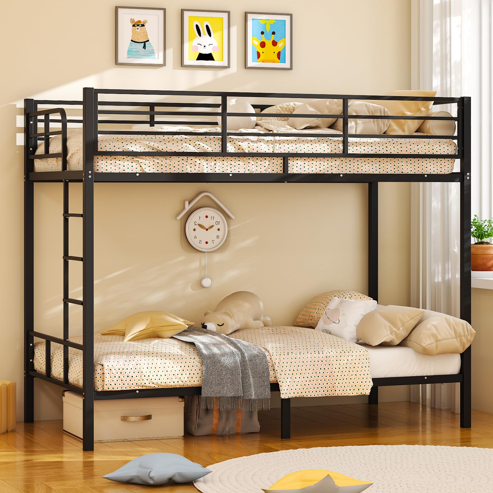 Bonnlo Metal Bunk Bed, Single over Single Loft Bed Frame with 38cm High Full-Length Guardrail & Non-