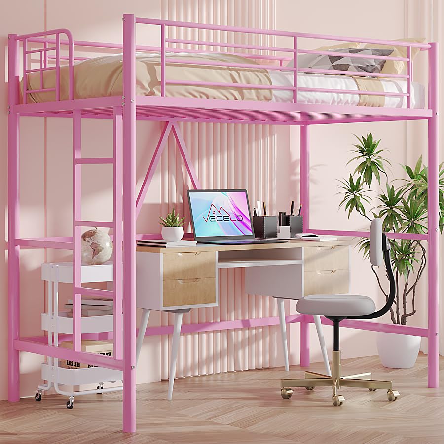VECELO Loft Bed Twin Size, Metal Bedframe with Removable Ladder and Safety Guardrail, No Box Spring Needed, Space Saving