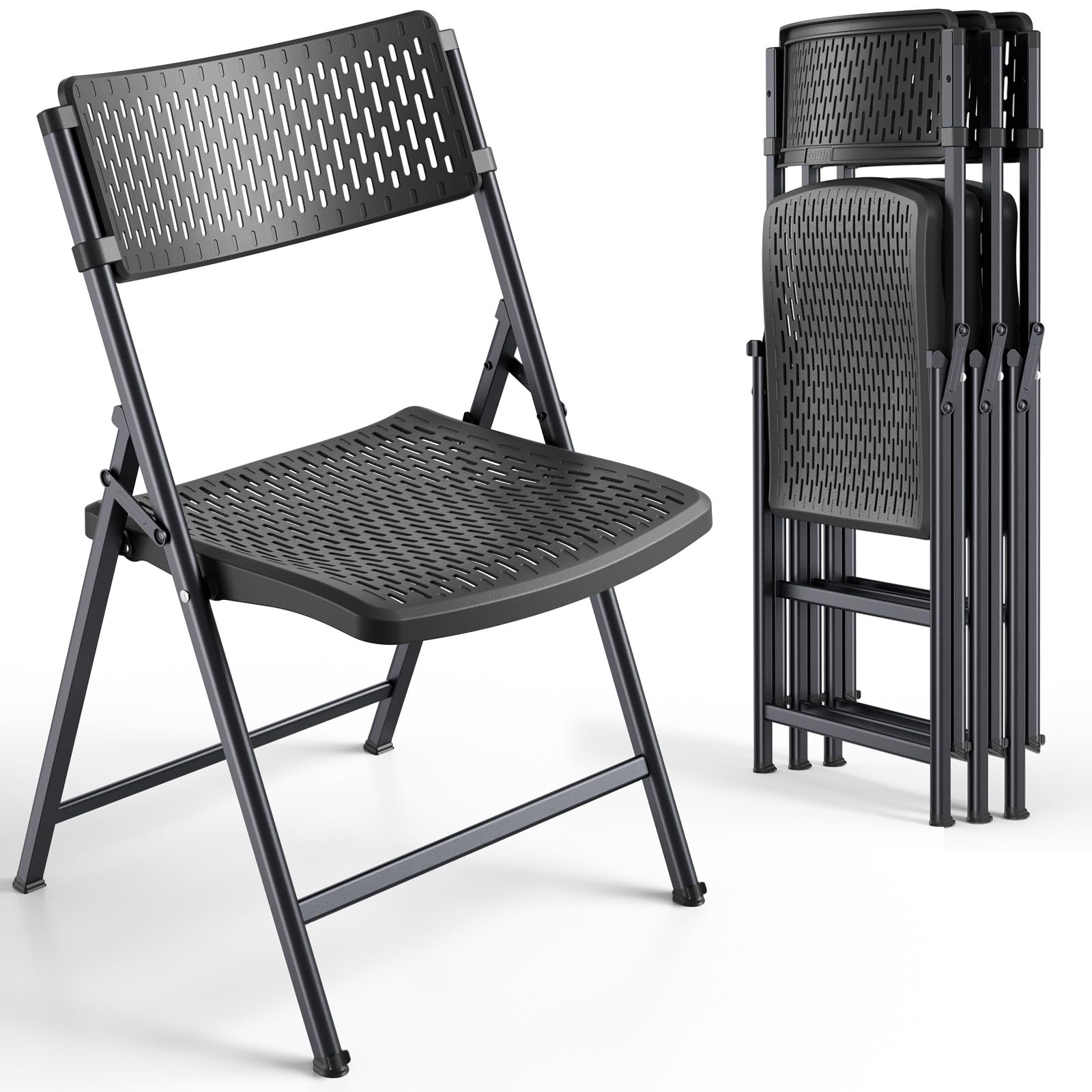 Black Folding Chairs 4-Pack, Breathable Plastic for Card Tables & Indoor Outdoor, Easy-Clean & Supports 400 Lbs