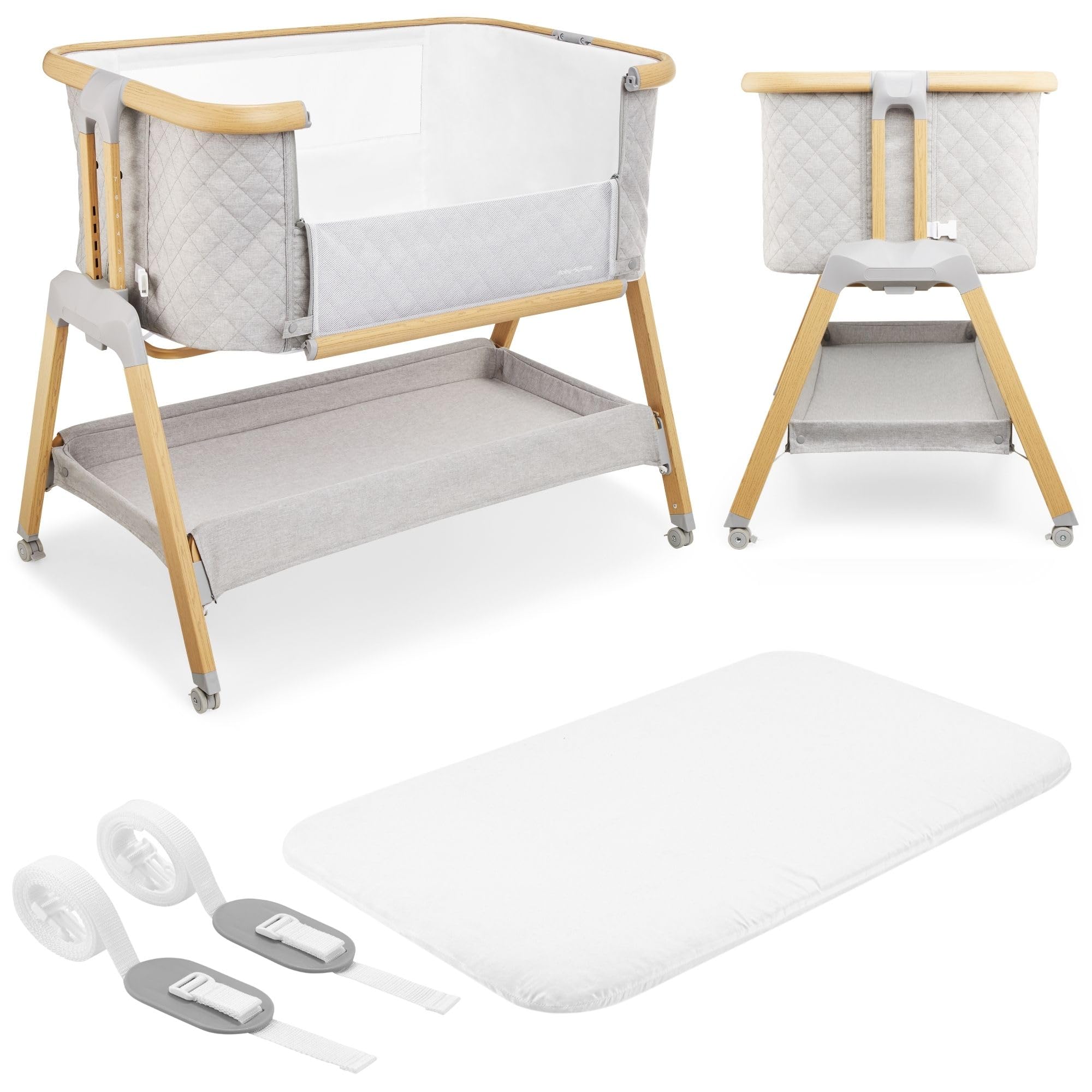 Next to me Crib 3 in 1 - Bedside Cots for Babies - Baby Bassinet with 4 Transport Wheels - Baby Cot with Mattress Includ