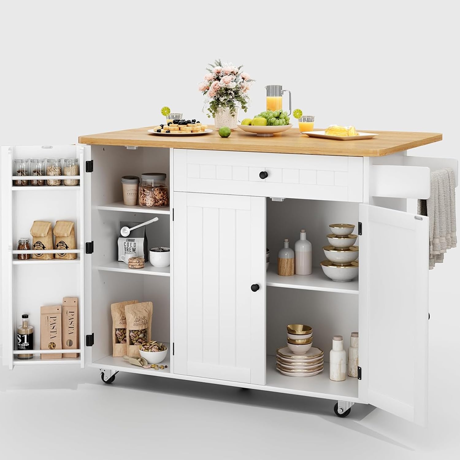 GRUSIGN Kitchen Island with Storage, 41.7" Rolling Cart with Drop Leaf, Portable Island Table on Whe