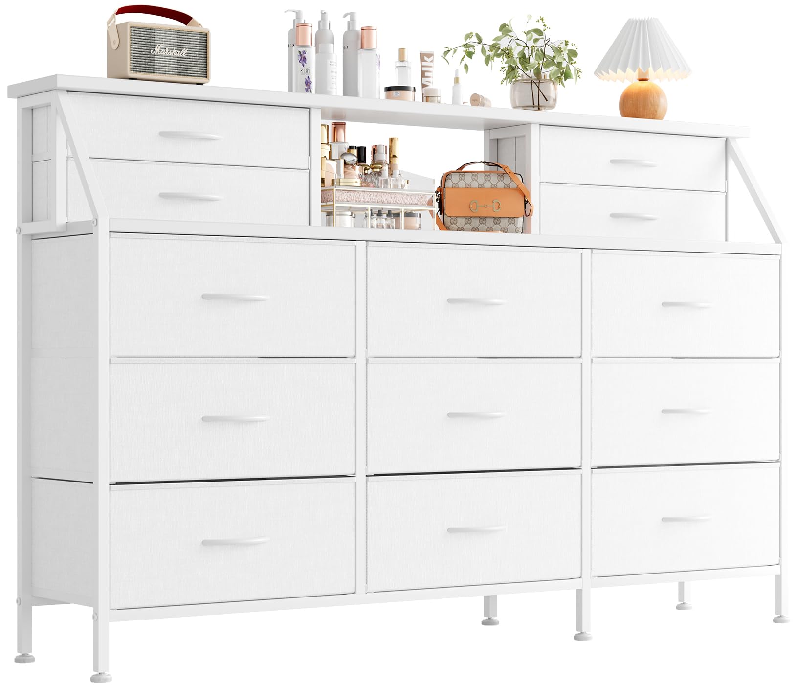 MUTUN Dresser for Bedroom with 13 Drawers, 55” Wide Chest of Drawers, Fabric Dresser with 2 Wooden Shelves, Storage Orga