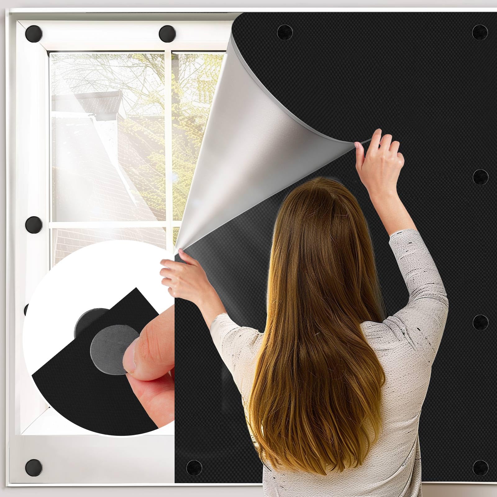 BKSAI Magnetic Blackout Blinds Window for Bedroom Traceless Removable, 100x145cm Any Shape and Size, No drilling 12 Magn