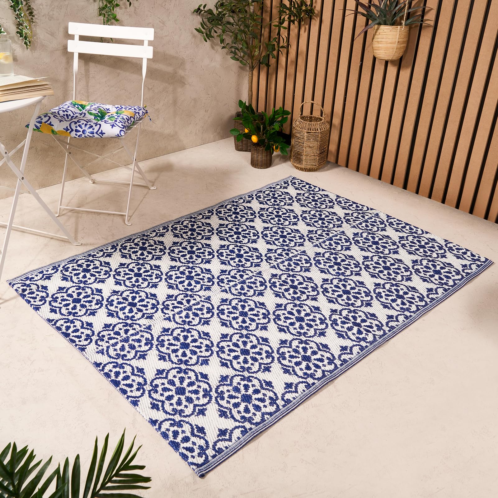 OHS Outdoor Rugs for Patios Waterproof Tile Print, Garden Mat Foldable Non Slip Outdoor Rug Reversible Decking Tiles Out
