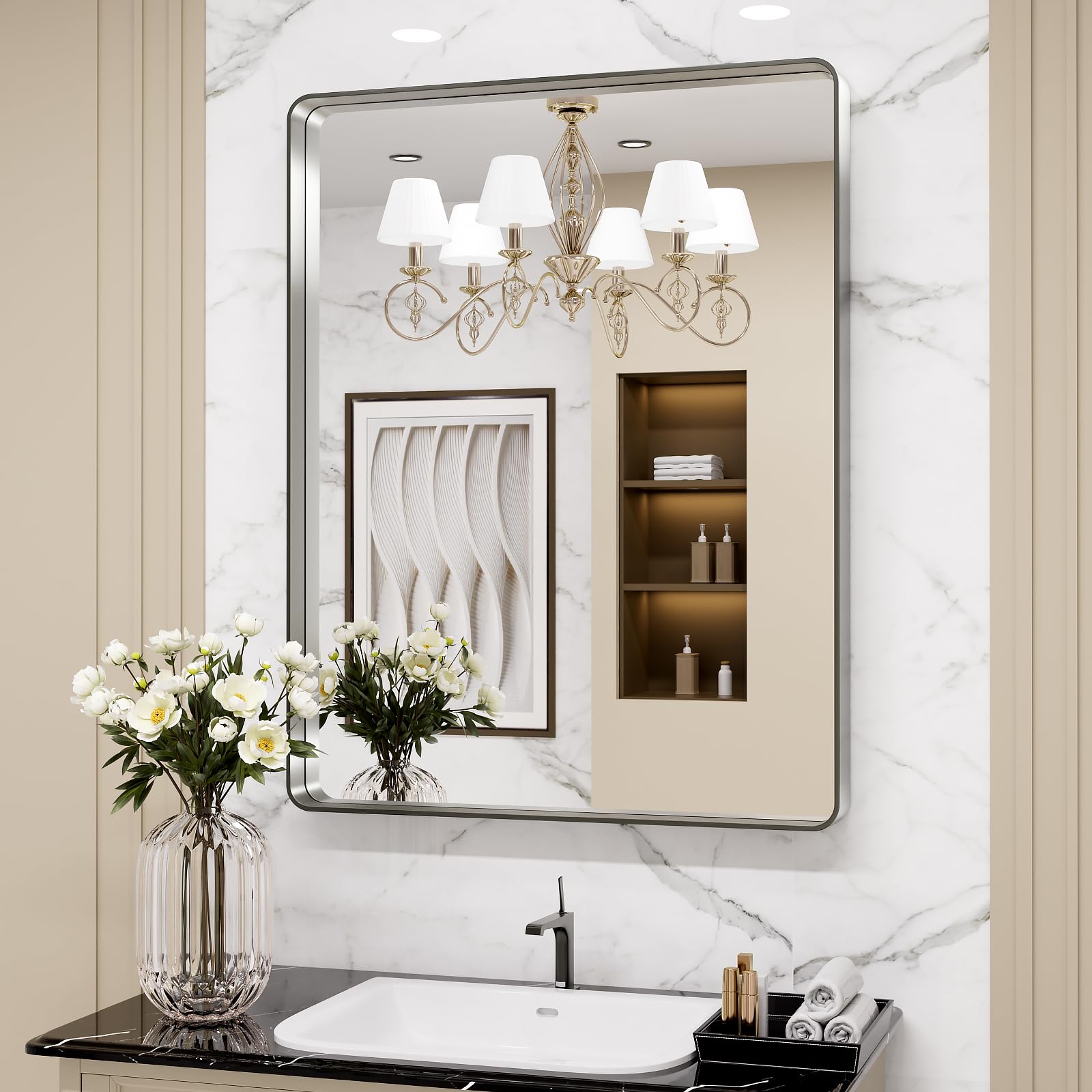 LOAAO 24X36 Inch Brushed Nickel Bathroom Mirror, Rounded Rectangle Silver Metal Frame Mirror, Brushed Nickel, Anti-Rust,