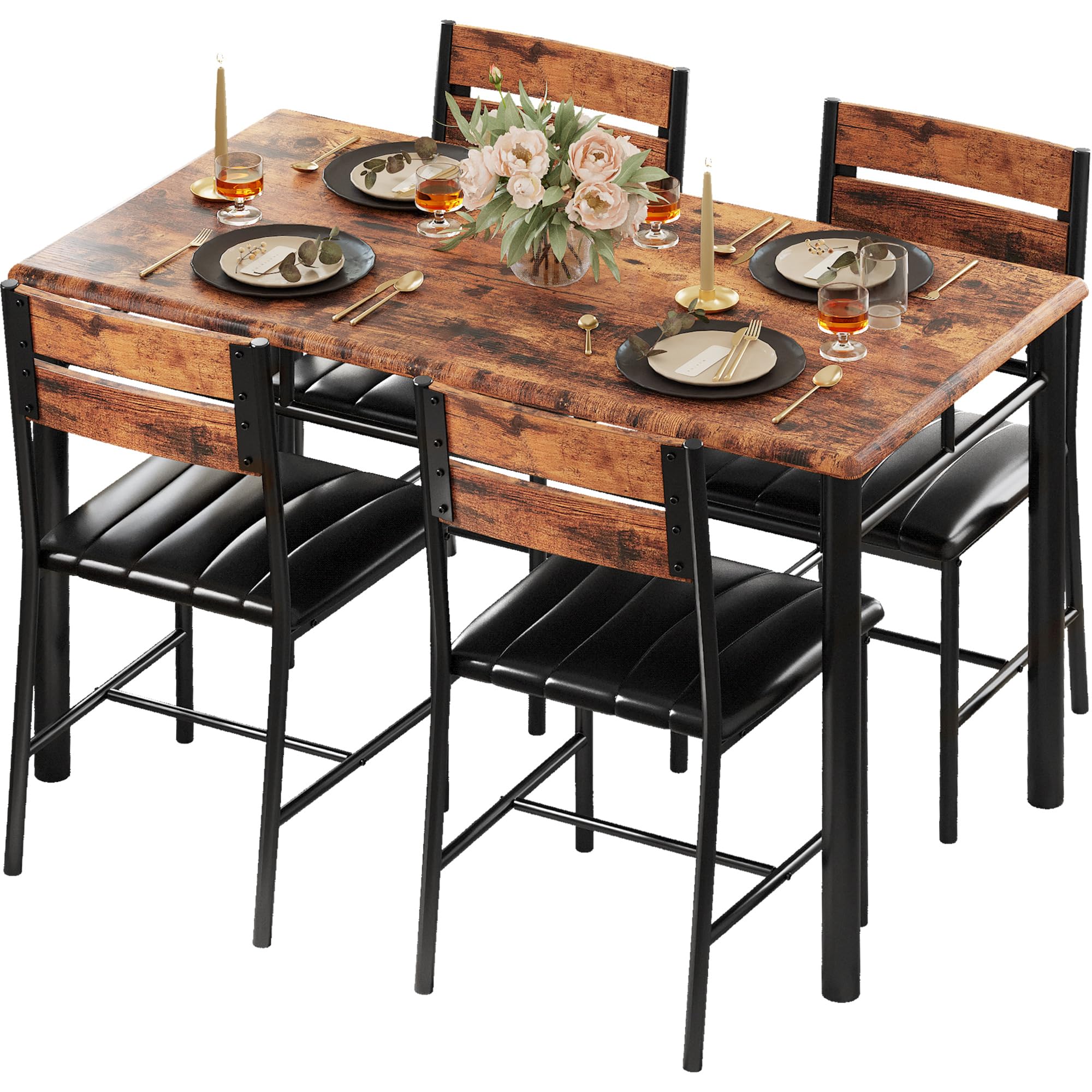 IRONCK Dining Table Set for 4, Wood Kitchen Table with Upholstered Chairs for Kitchen Room and Small