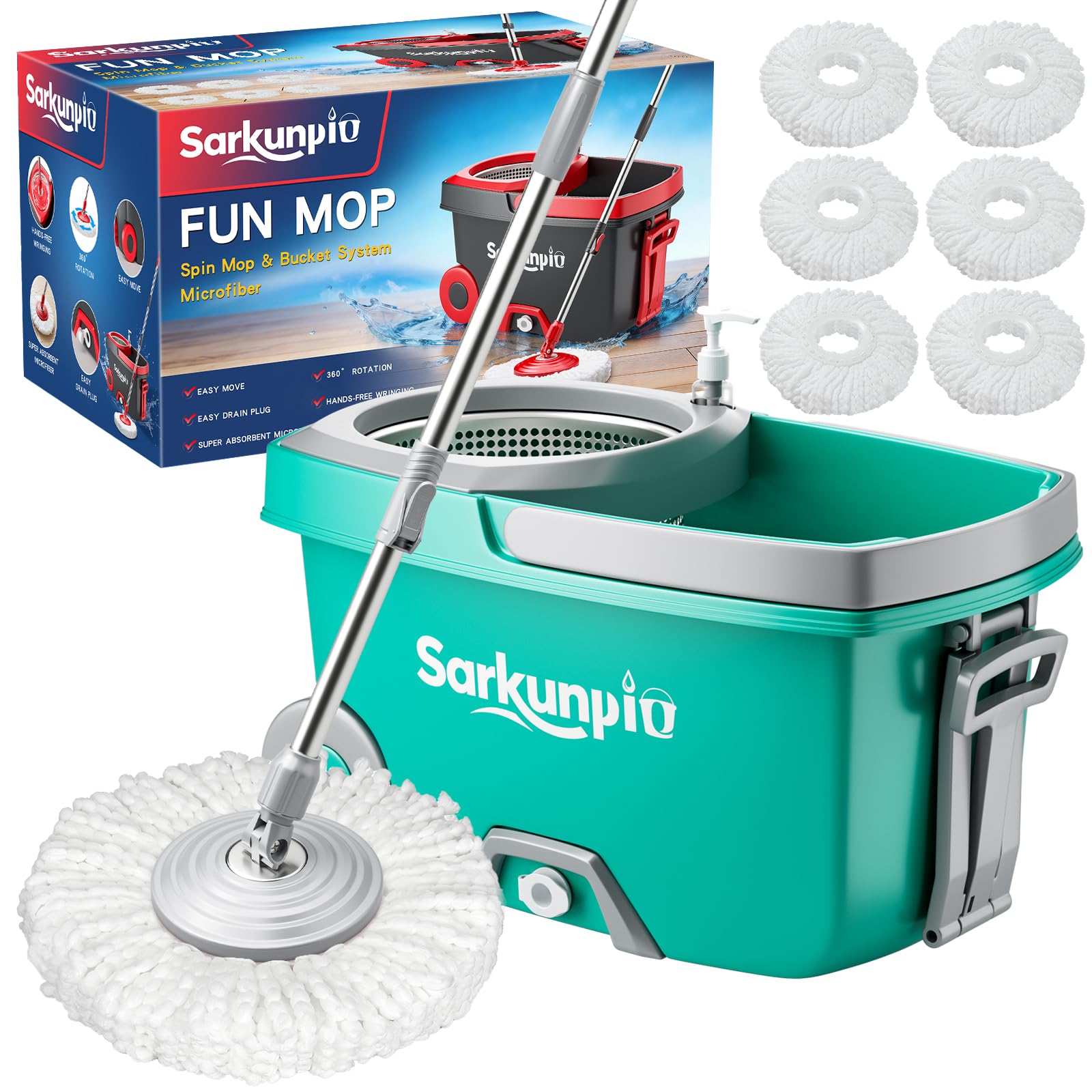 Mop and Bucket Set with Wringer, Spin Mop Floor Cleaning System with 6 Replacement Microfiber Heads & 61