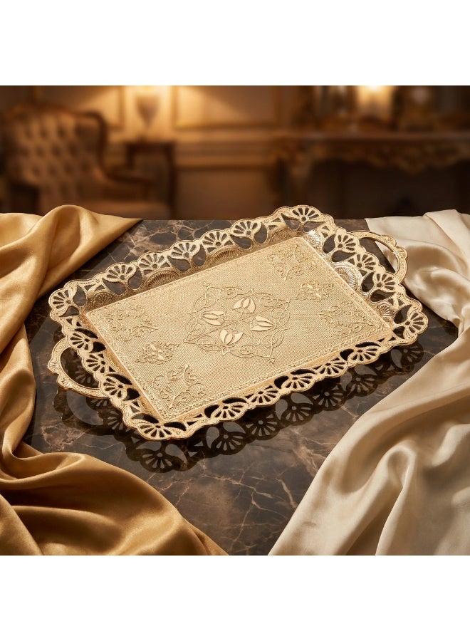 Handmade Large Gold-Colored Copper Serving Tray for Six – Authentic Ottoman Design, Made in Turkey