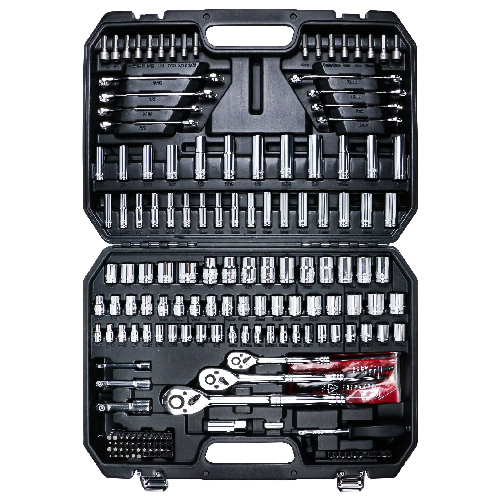 AMM Mechanics Tool Set, 1/4 in, 3/8 in and 1/2 in Drive socket set, 202 Piece