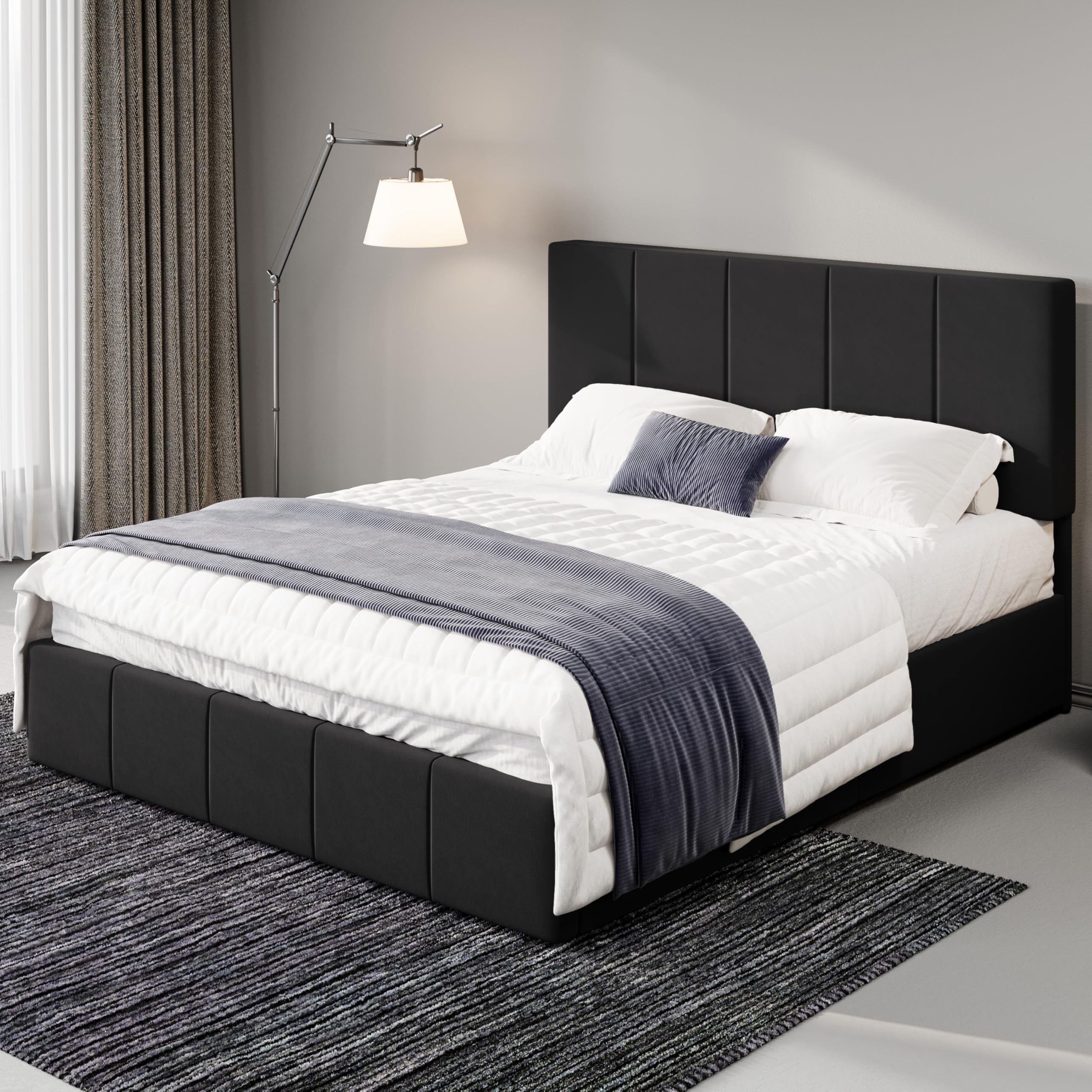 Allewie Full Size Dutch Velvet Upholstered Platform Bed Frame/Vertical Channel Tufted Adjustable Headboard/Low Profile B