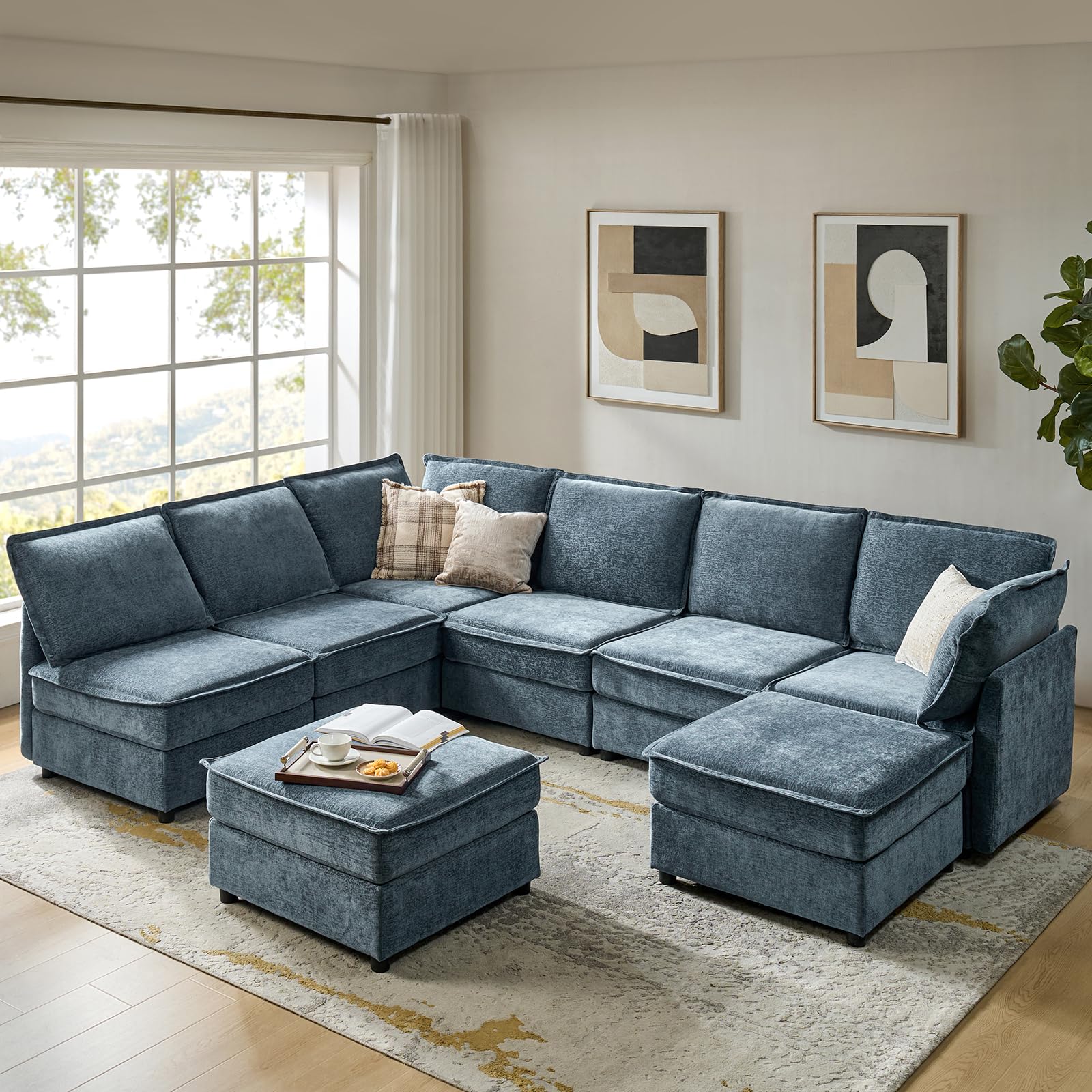 HULALA HOME U-Shaped Modular Sectional Sofa, Oversized 6 Seater Sofa with Storage Ottomans, Extra Deep Seat, Modern Comf