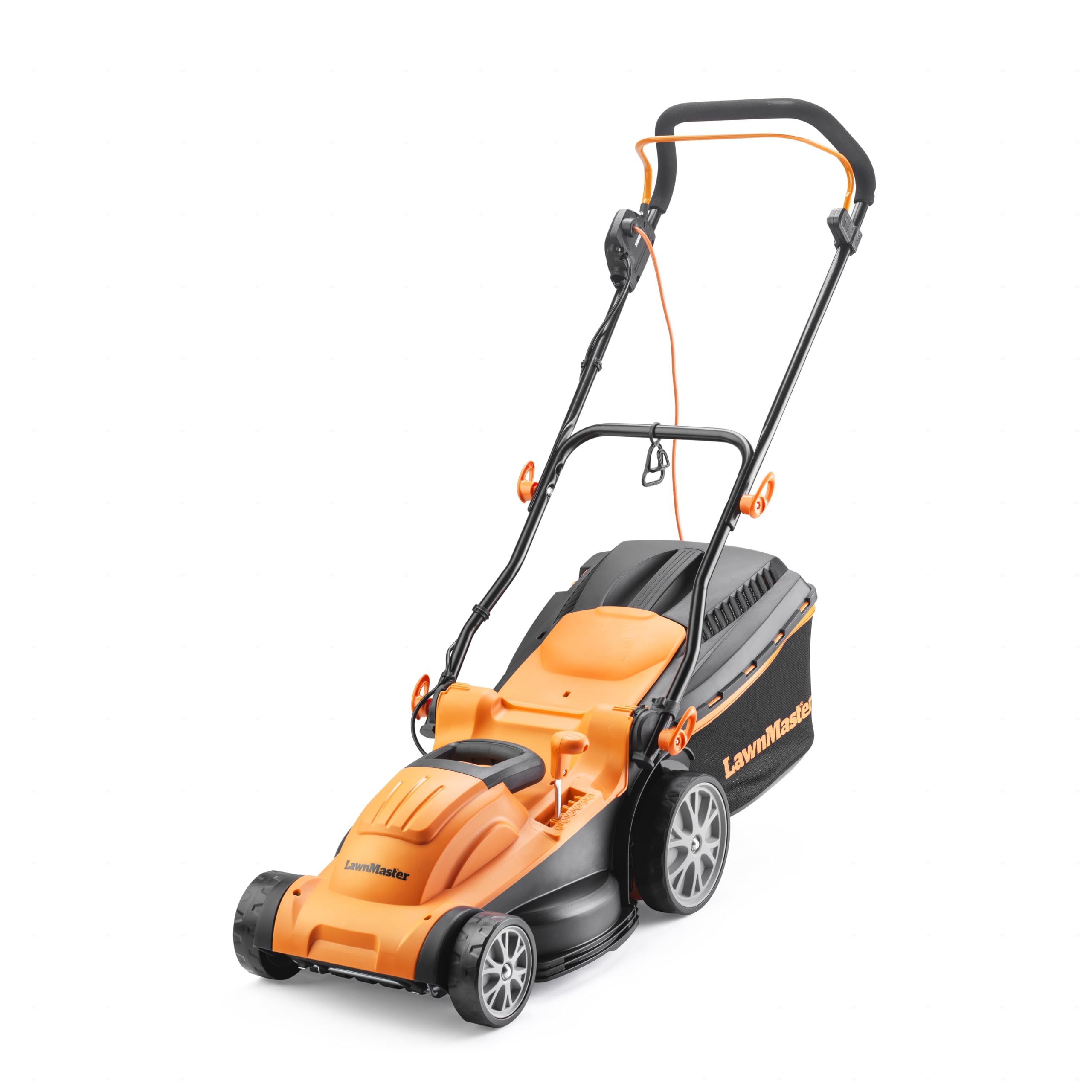 LawnMaster 1600W Electric Lawn Mower with 37cm cutting width, ideal for medium sized lawns. Rear roller for striped fini