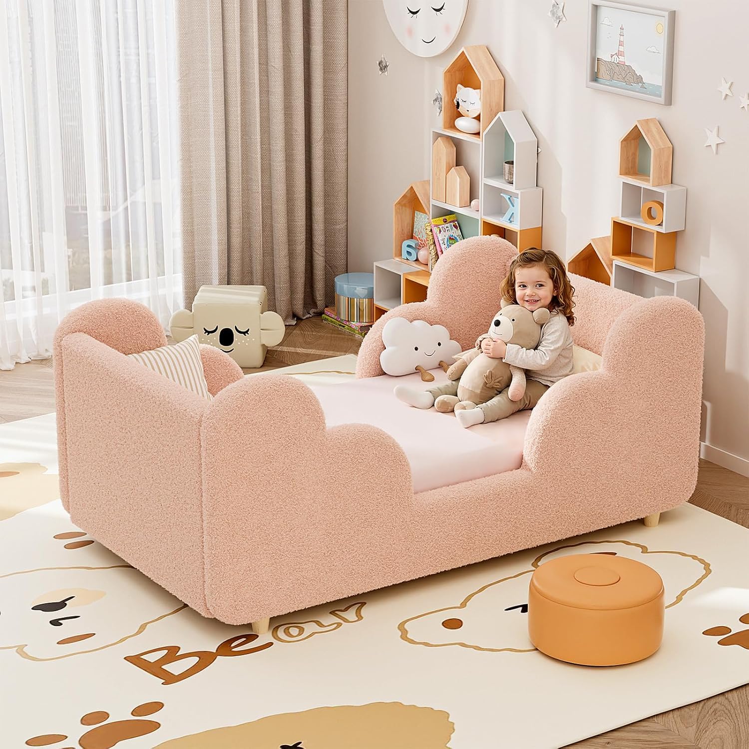 Toddler Bed Frame, Toddler Bed Upholstered, Low Profile Kids Beds with Safety Guardrails Floor Beds with Wood Slats for