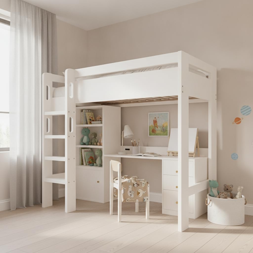 High Sleeper Bed with Desk, Loft Bed with Large Storage and Charging Function, Kids Bed with Slatted Frame and Safety La
