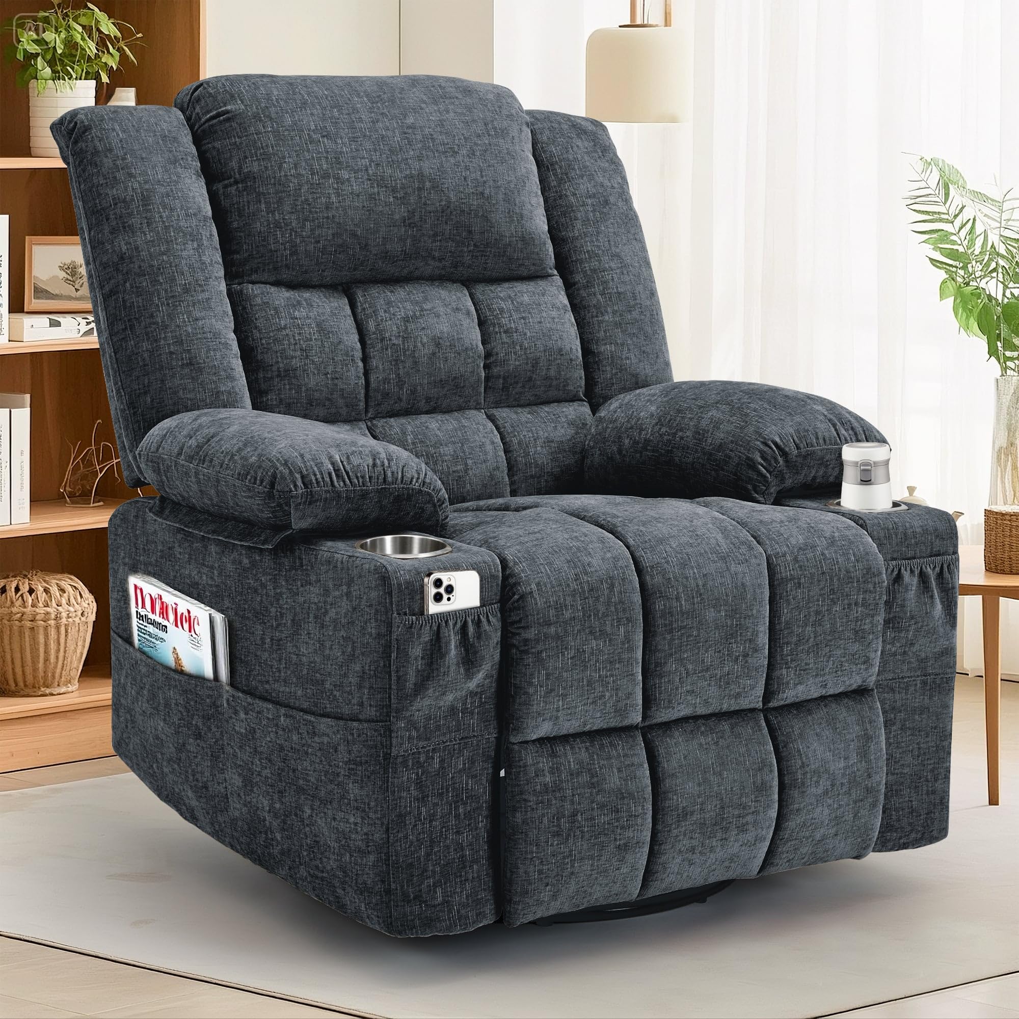 Korser 360° Swivel Rocker Recliner for Adults, Nursery Glider Recliner with Massage and Heating, Rocking Chair with Cup