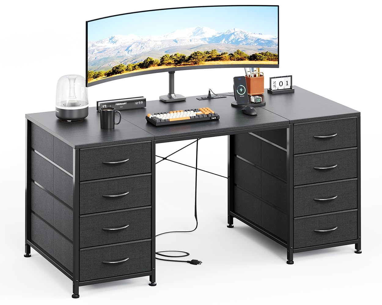 MUTUN 120cm Computer Desk with 8 Drawers, Home Office Desk with Power Outlets, Modern Table with Lar