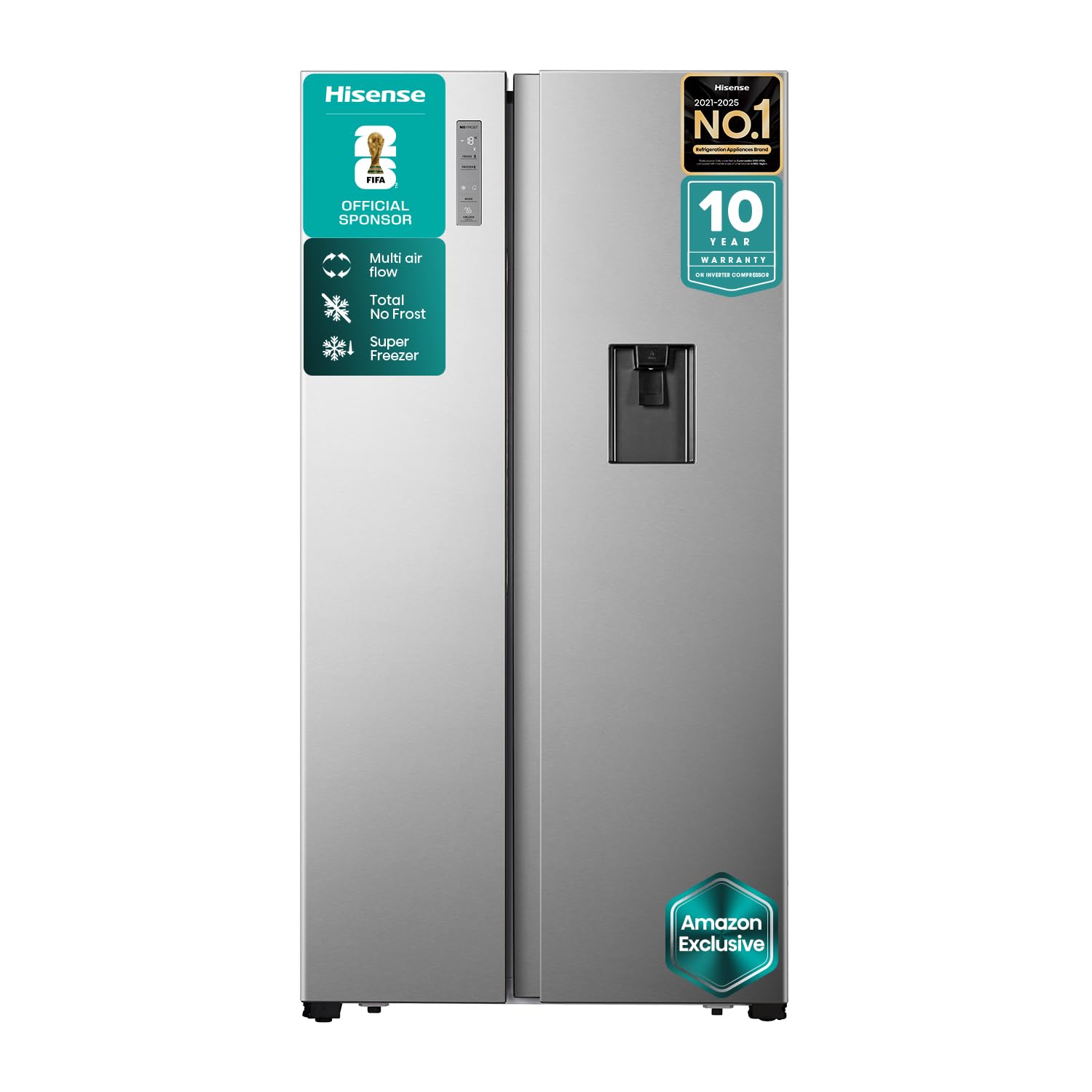 هايسينس ثلاجة HS91558D3AZ، 725 لتر جنبا إلى جنب مع موزع مياه، ضاغط عاكس، تقنية نو فروست، فضي (حصري من أمازون)