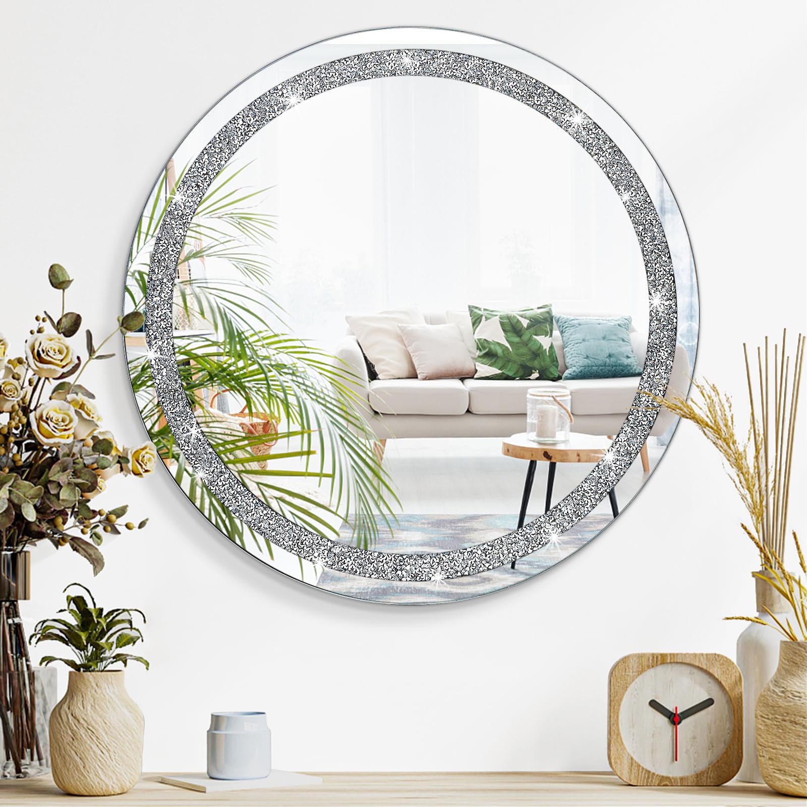 Crush Diamond Wall Mirror Crystal Round Shaped Hanging Mirrors for Wall Decor 50x50cm Frameless Mirror for living Room B