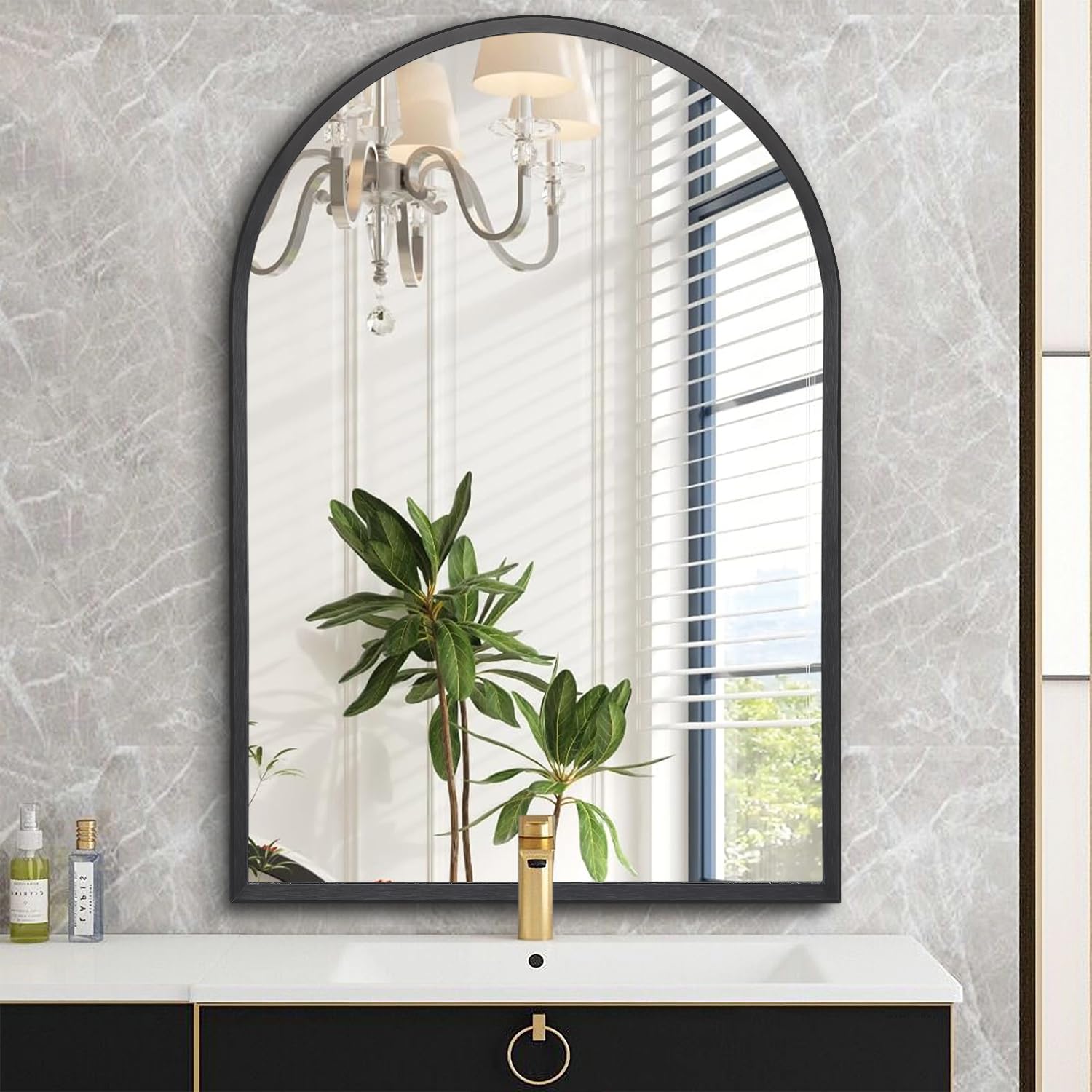 Black Arched Bathroom Wall Mirror Brushed Metal Vanity Wall Mounted Mirror for LivingRoom Bedroom Entryway Room vanity H