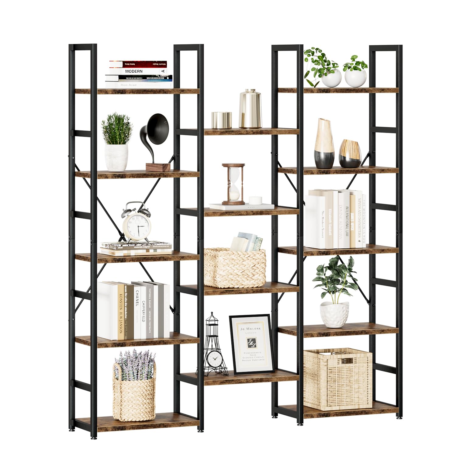 NUMENN Triple Column 5 Tier Bookshelf, Bookcase with 14 Open Display Shelves, Adjustable Rustic Indu