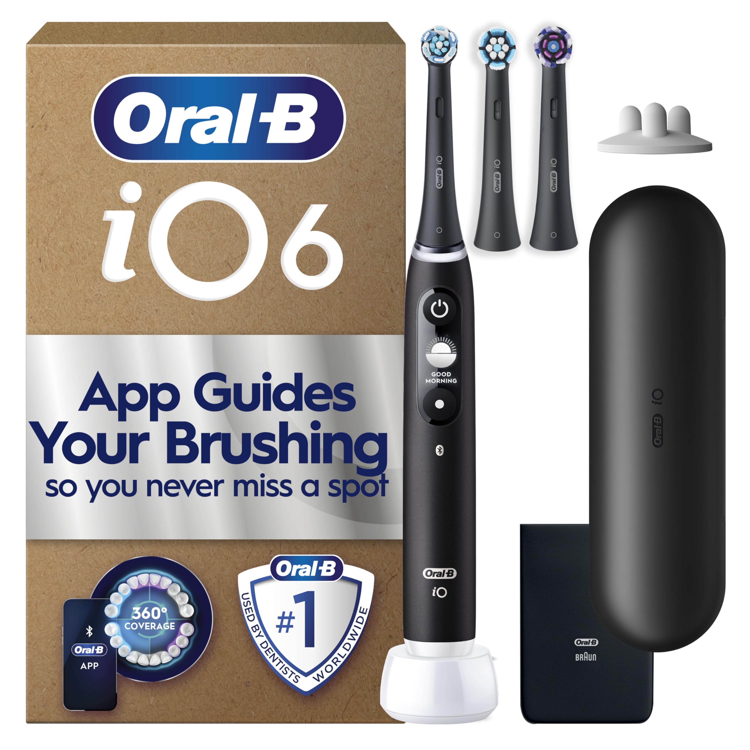 Oral-B iO6 Electric Toothbrush for Adults, Black - 5 Cleaning Modes with Teeth Whitening, Includes 3 Brush Heads, Long-L
