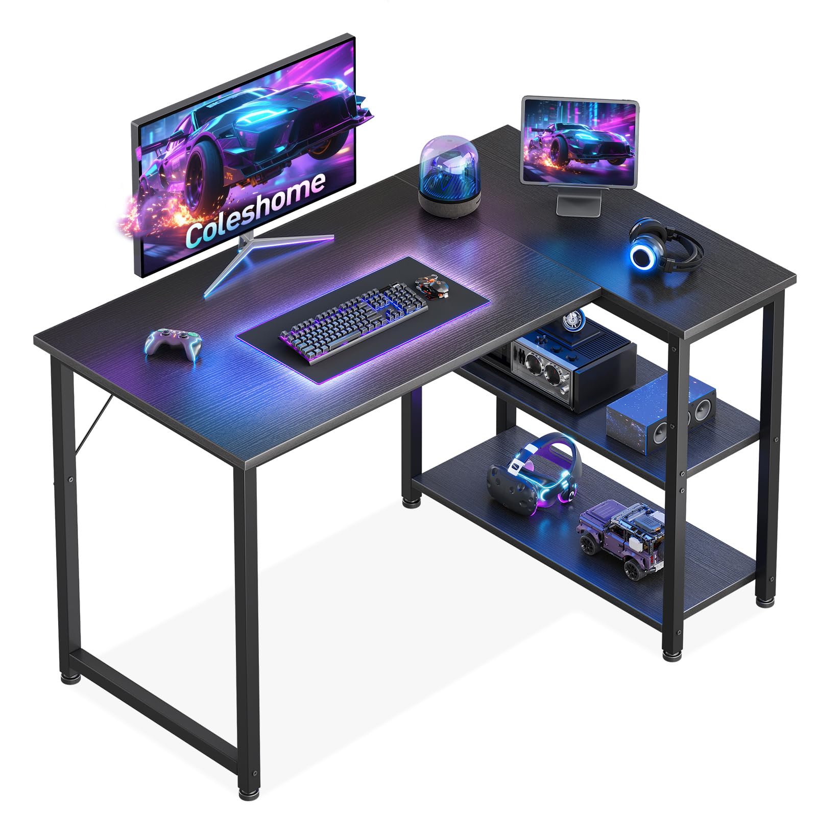 Coleshome L Shaped Gaming Desk, 100x70 cm Computer Desk, Corner Office Desk with Reversible Storage Shelves, Writing Stu