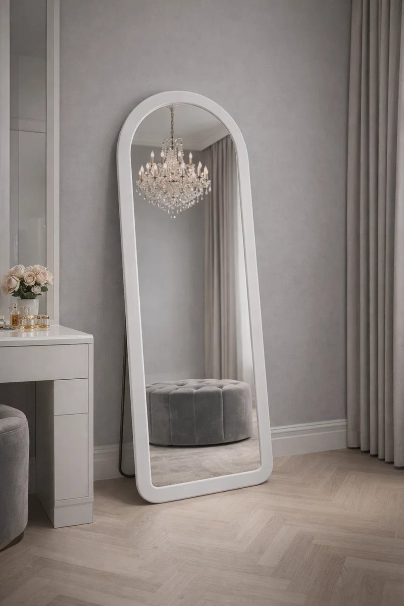 MARIA HOMES Modern White Arched Standing Mirror Full Length Floor Design 160x60cm for Bedroom Furniture