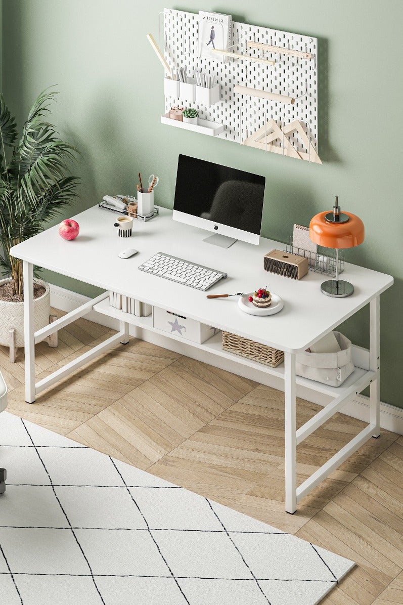 Stubborn Computer desk with storage space, suitable for bedroom writing and home office work study desk, metal frame, wh