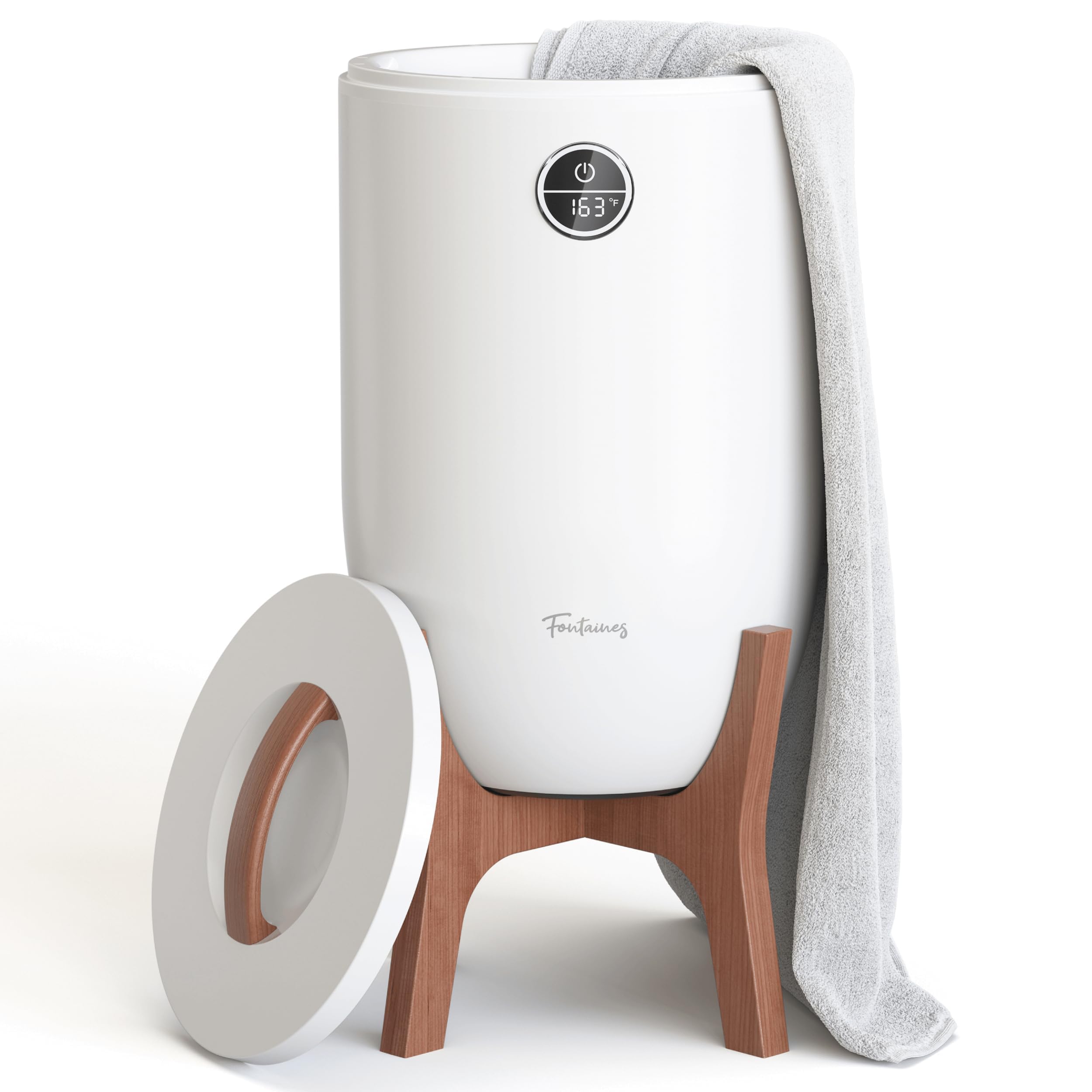 Fontaines Luxury Towel Warmer for Bathroom, Spa - Large Heated Thermal Bucket, Wood Handle, Safe Auto Shut Off, Fits Up 