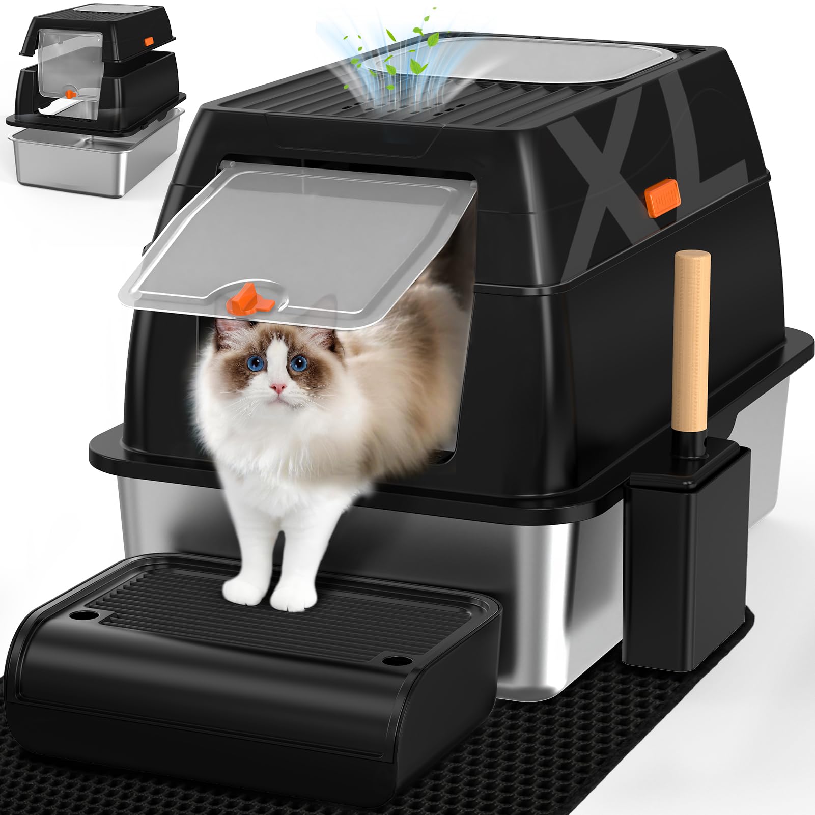 Stainless Steel Cat Litter Box with Charcoal Filter, XL, Easy to Clean, Odour-Resistant Stainless St