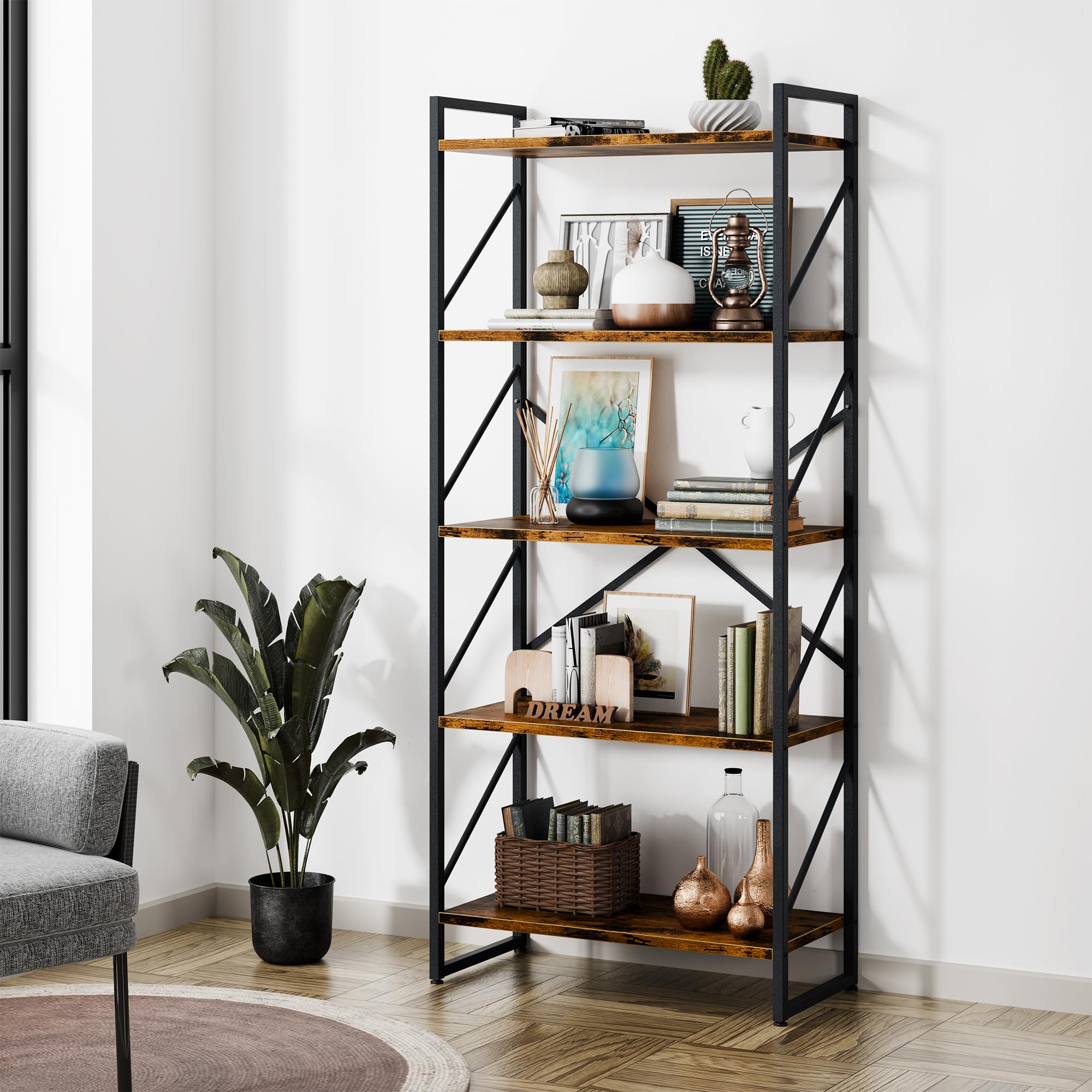 Shintenchi 5 Tiers Bookshelf, Classically Tall Bookcase Shelf, Industrial Book Rack, Modern Book Hol