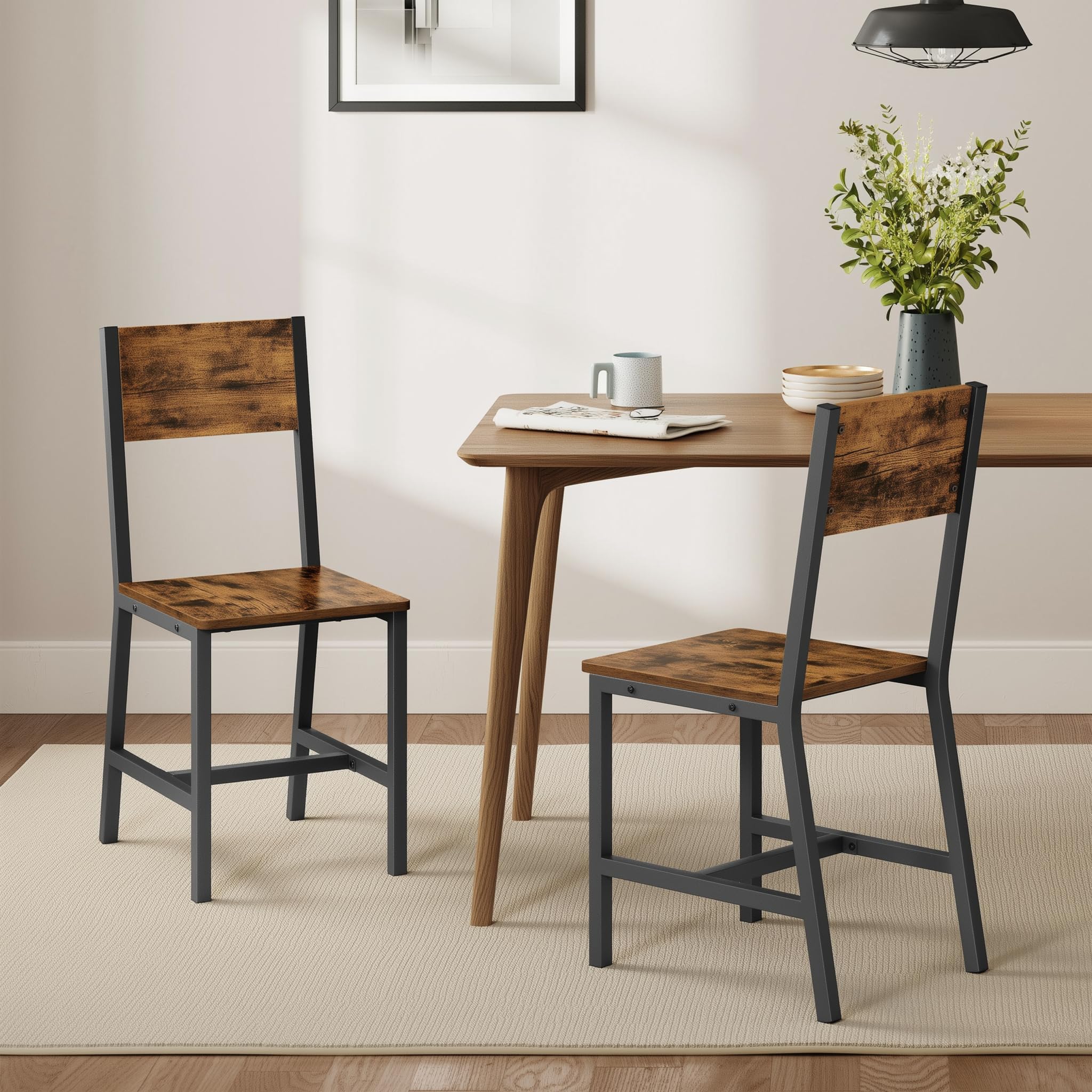 VASAGLE Dining Chair Set of 2, Rustic Wood Chairs with Metal Steel Frame, Easy to Assemble, Comforta