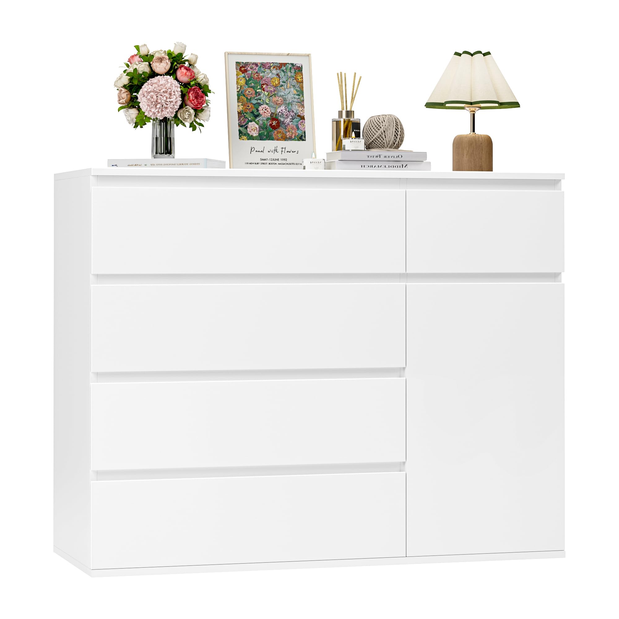 FOREHILL Bedroom Chest of Drawers White Chest of Drawers with 5 Drawers 1 Door Large Storage Cabinet Dresser Wide Sidebo