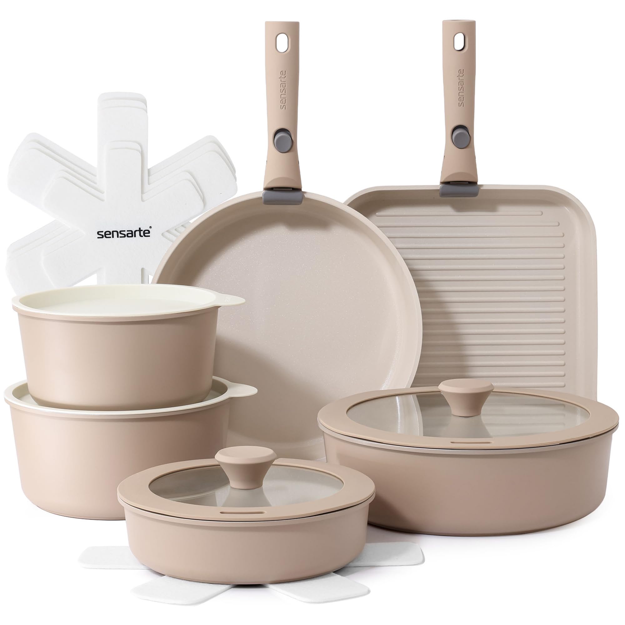 SENSARTE 17 Piece Ceramic Pots and Pans Set, Nonstick Detachable Handle Cookware, Induction Kitchen Cookware Set with Re